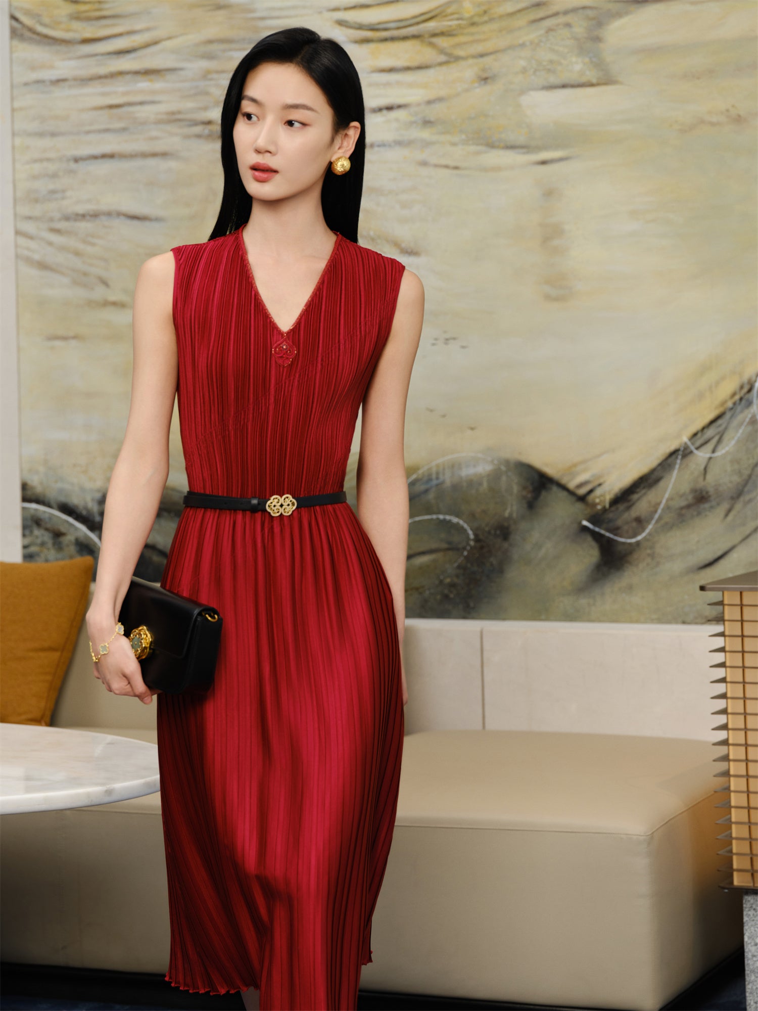 YAYING Pleated Waist-Cinched Dress