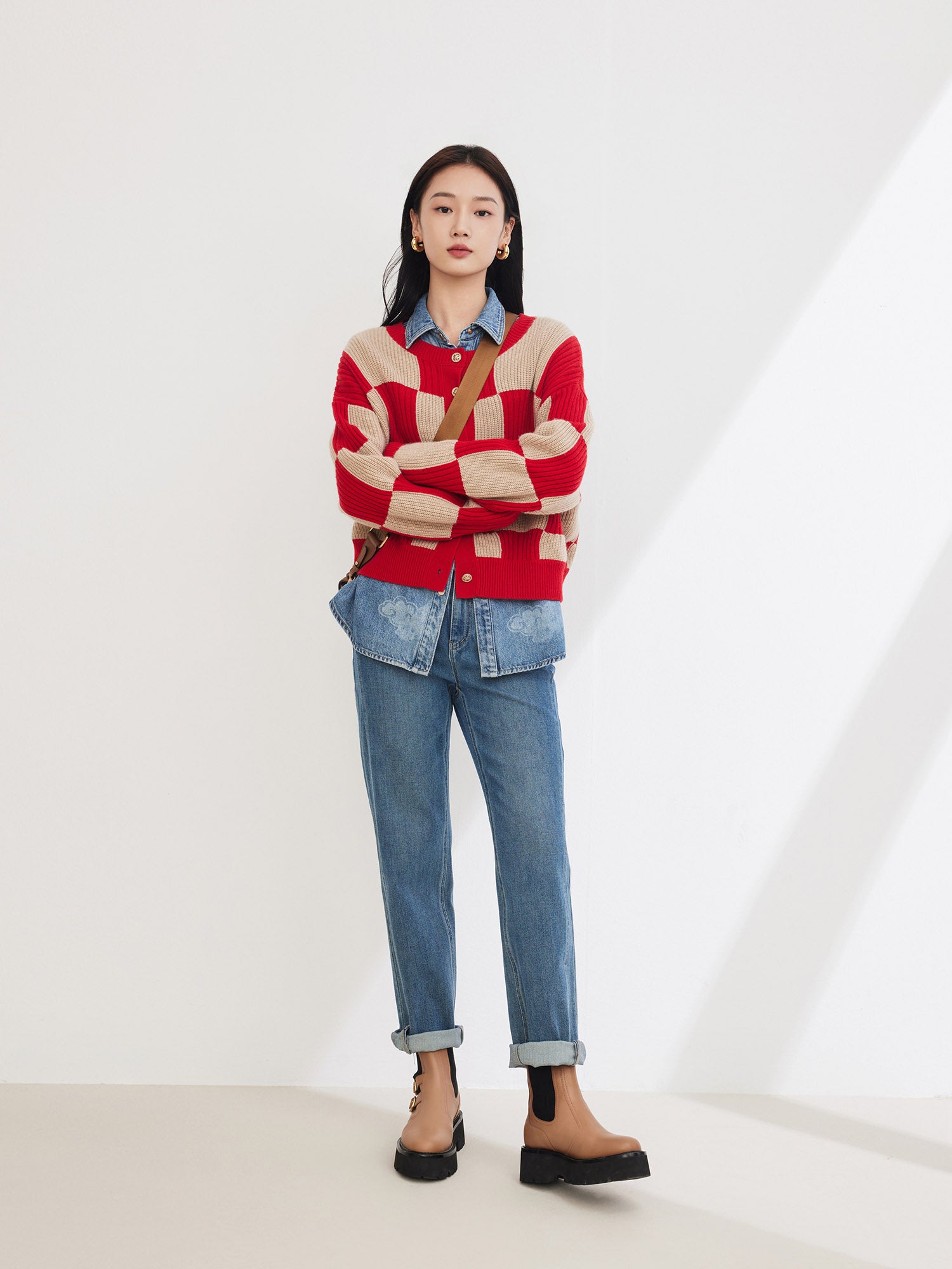 EP YAYING Plaid Short Knitted Cardigan