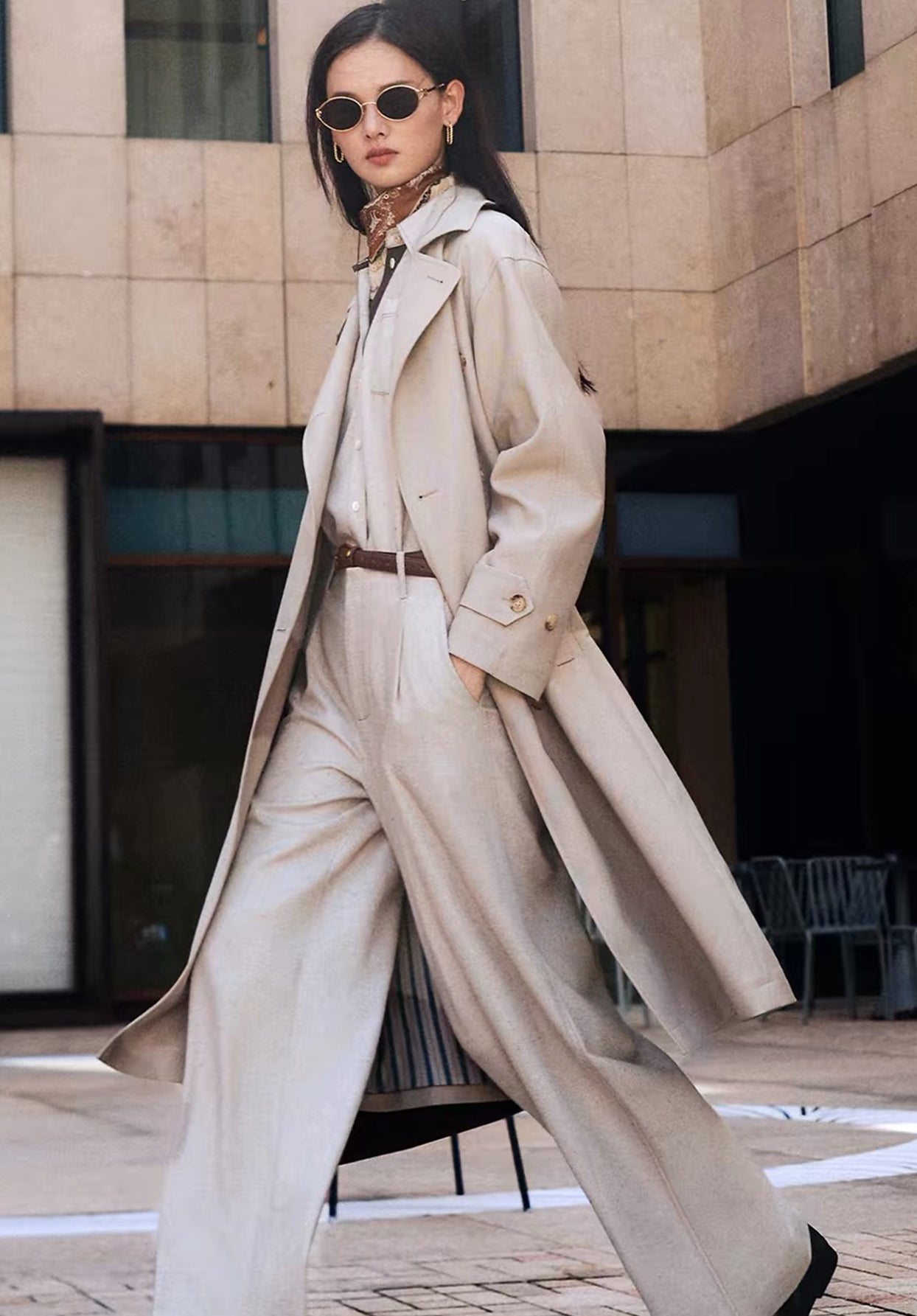 EP YAYING Long Khaki Twill Trench Coat EGLAW7402A
