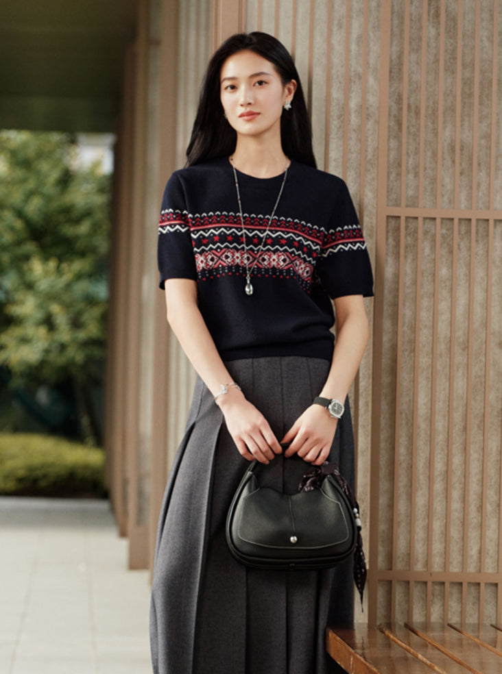 YAYING Ruyi Mountain Sea Jacquard Short-Sleeve Knit Top EPLIG9534A