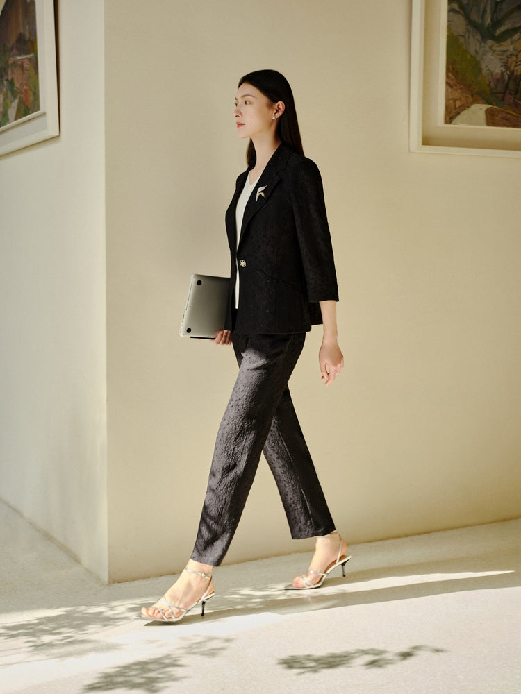 YAYING Jacquard Cinched Waist Blazer Jacket