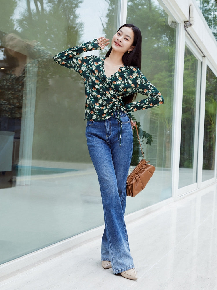 Cold crystal acetic acid] EP Yaying women's slim and elegant denim bootcut  pants 2023 spring new style J615A