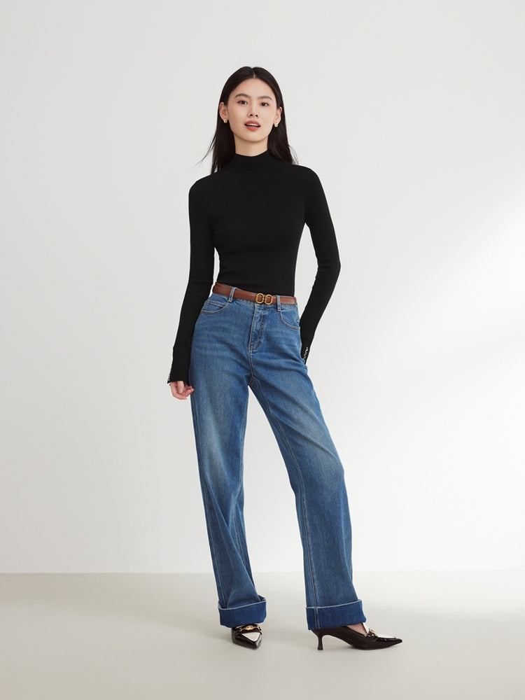 EP YAYING Pure Wool Solid Color Knit Sweater