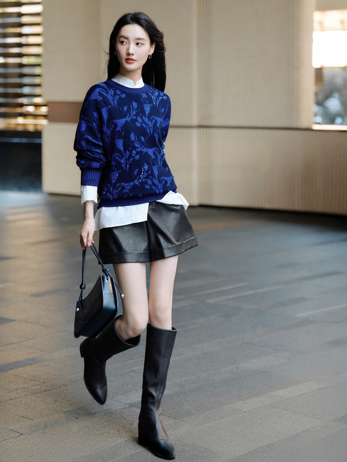 EP YAYING Blue Label Wool Relaxed-Fit Jacquard Sweater