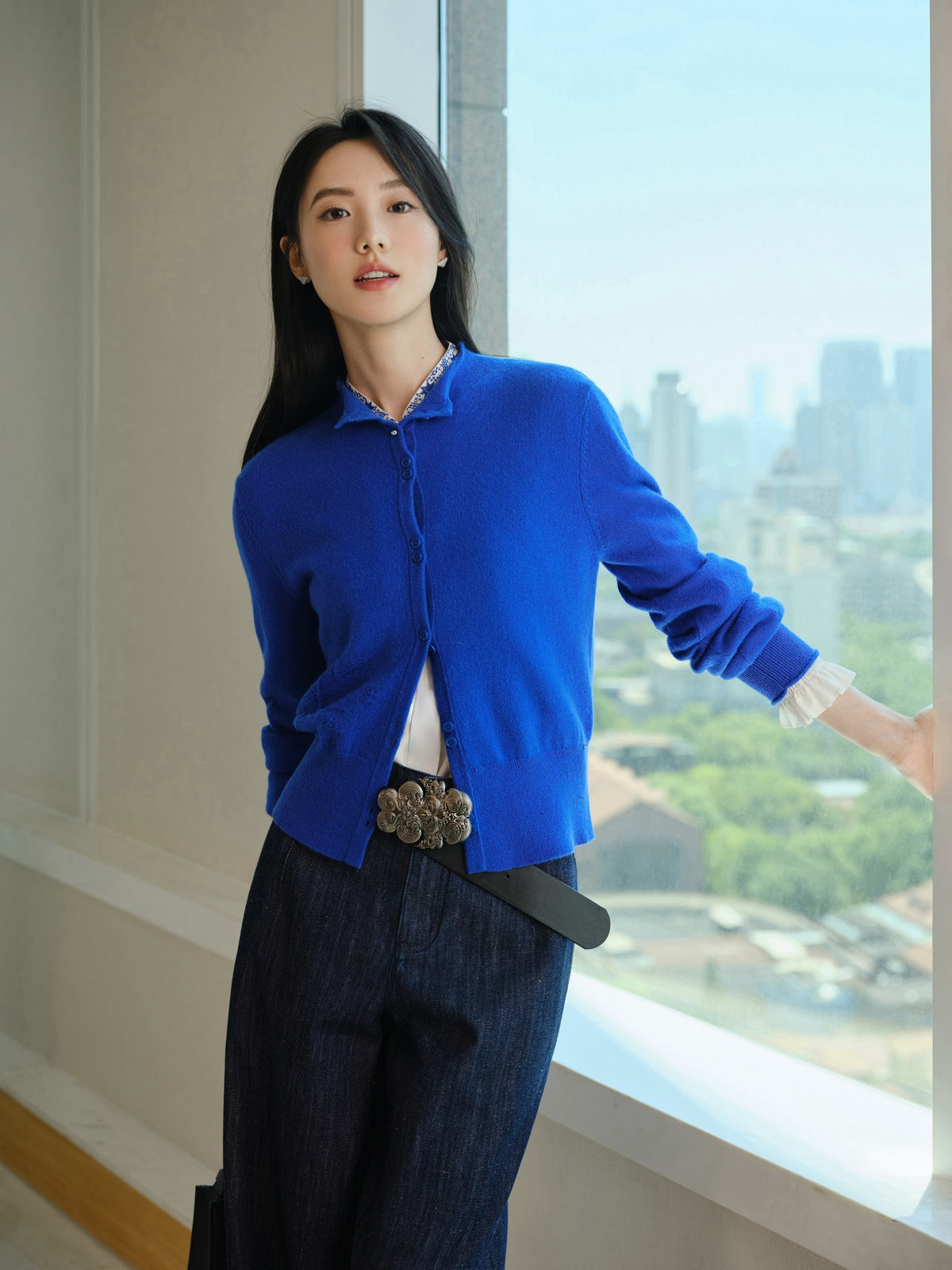EP YAYING Blue Label 100% Cashmere Jacquard Knit Top