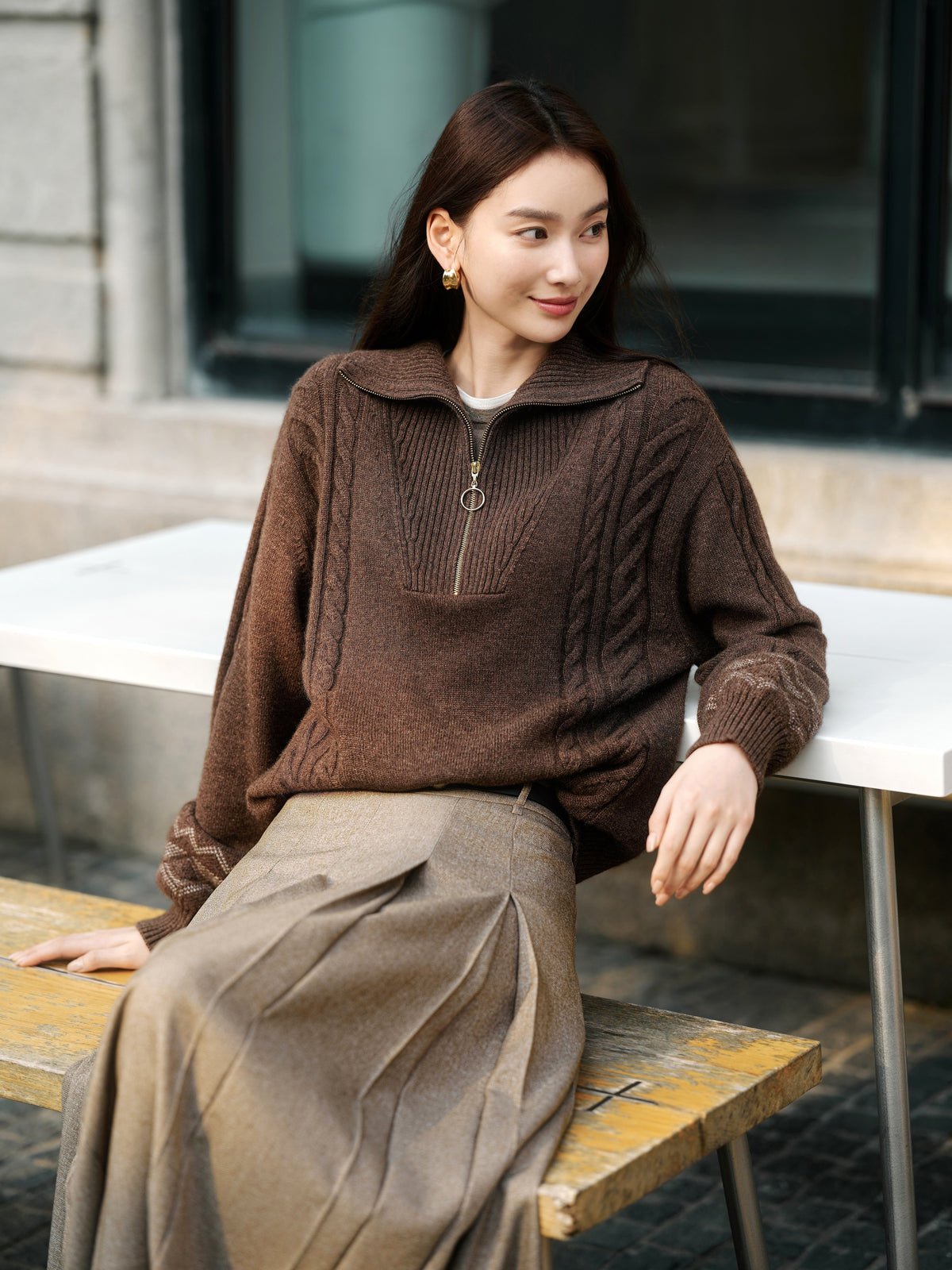 EP YAYING Slub Yarn Round Neck Knit Top