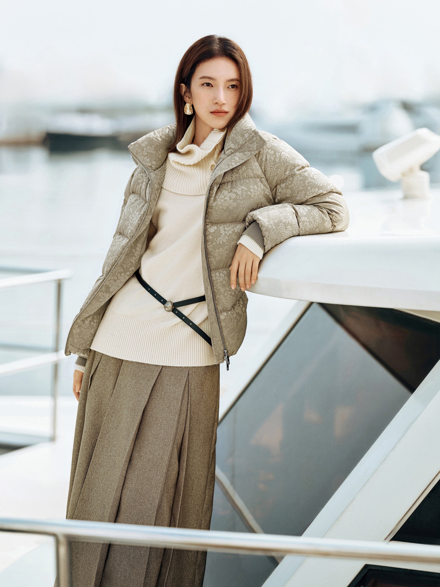 EP YAYING Silk Jacquard Stand-Collar Goose Down Coat