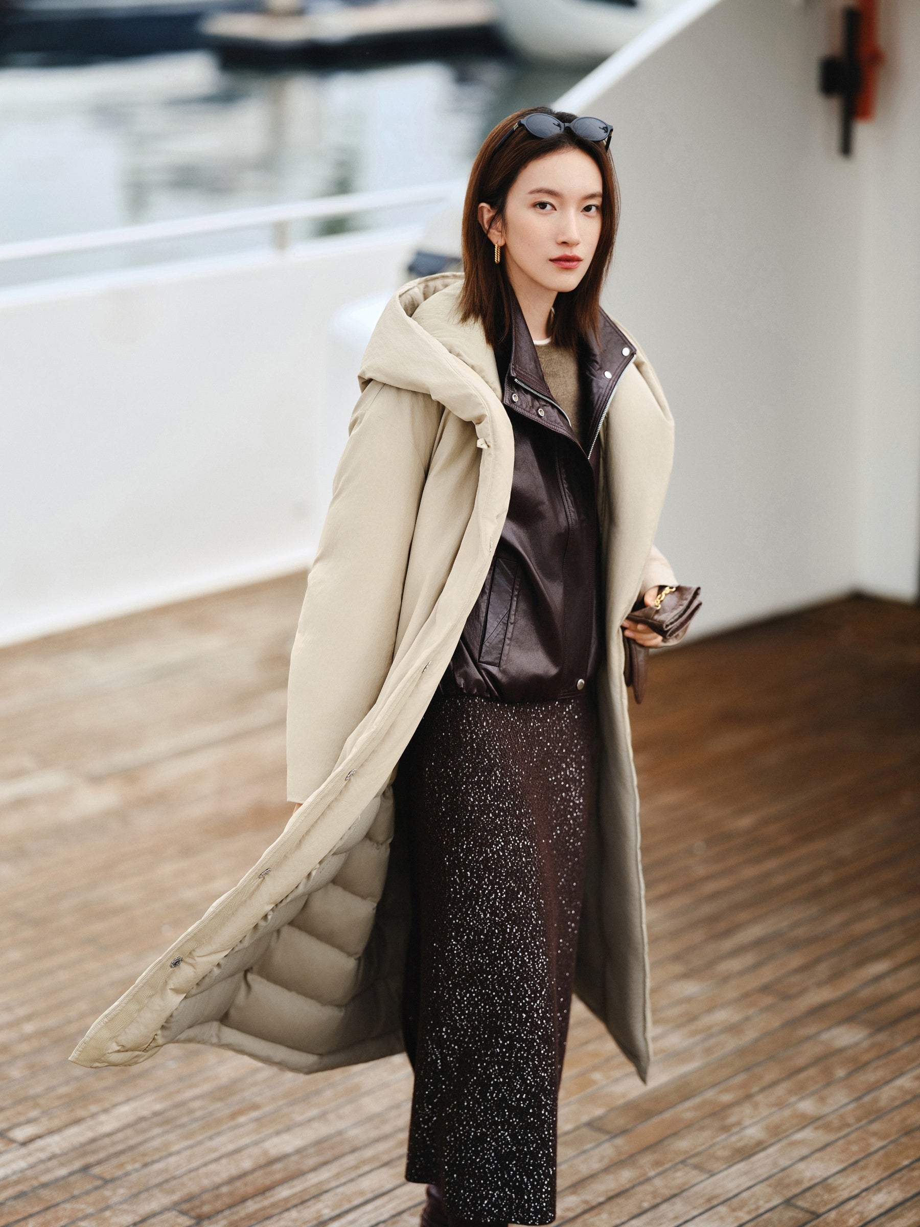 EP YAYING Long Hooded Belted Goose Down Coat