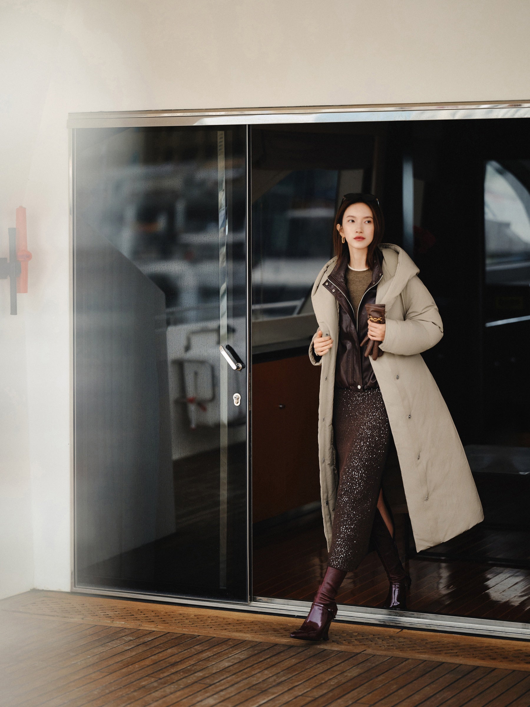 EP YAYING Long Hooded Belted Goose Down Coat