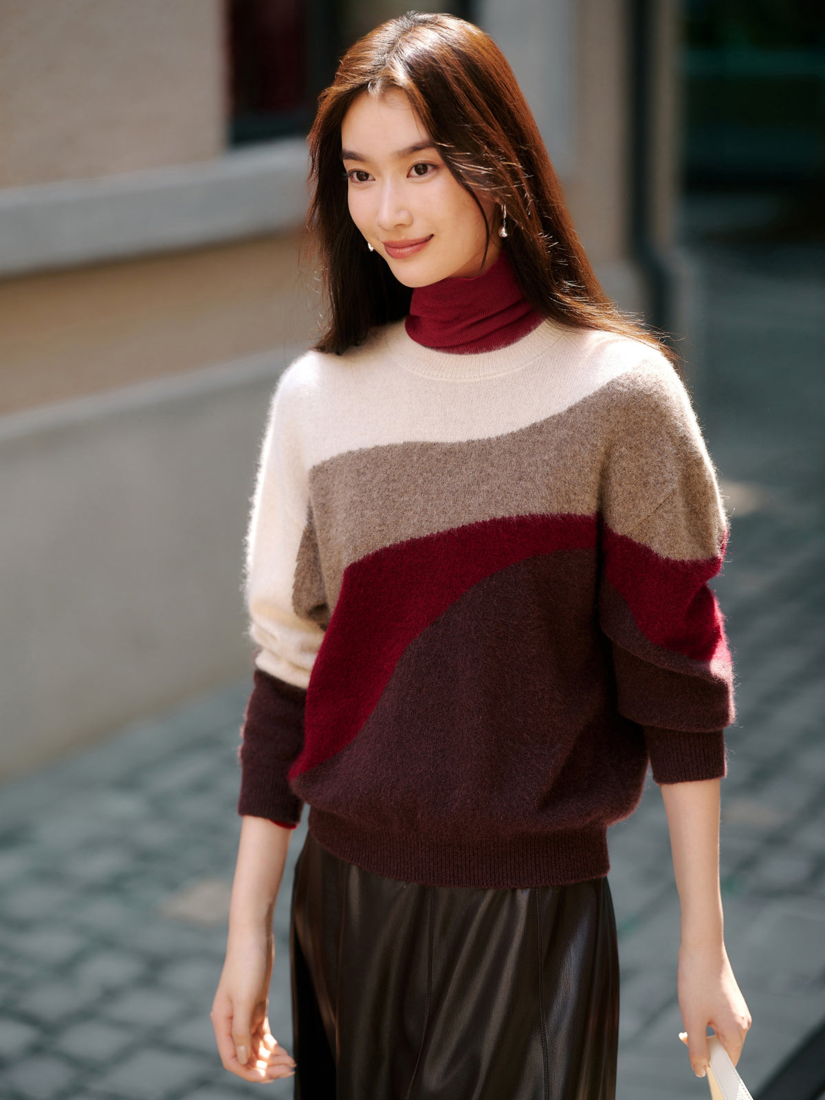 EP YAYING Color-Block Yak Wool Cashmere Knit Top