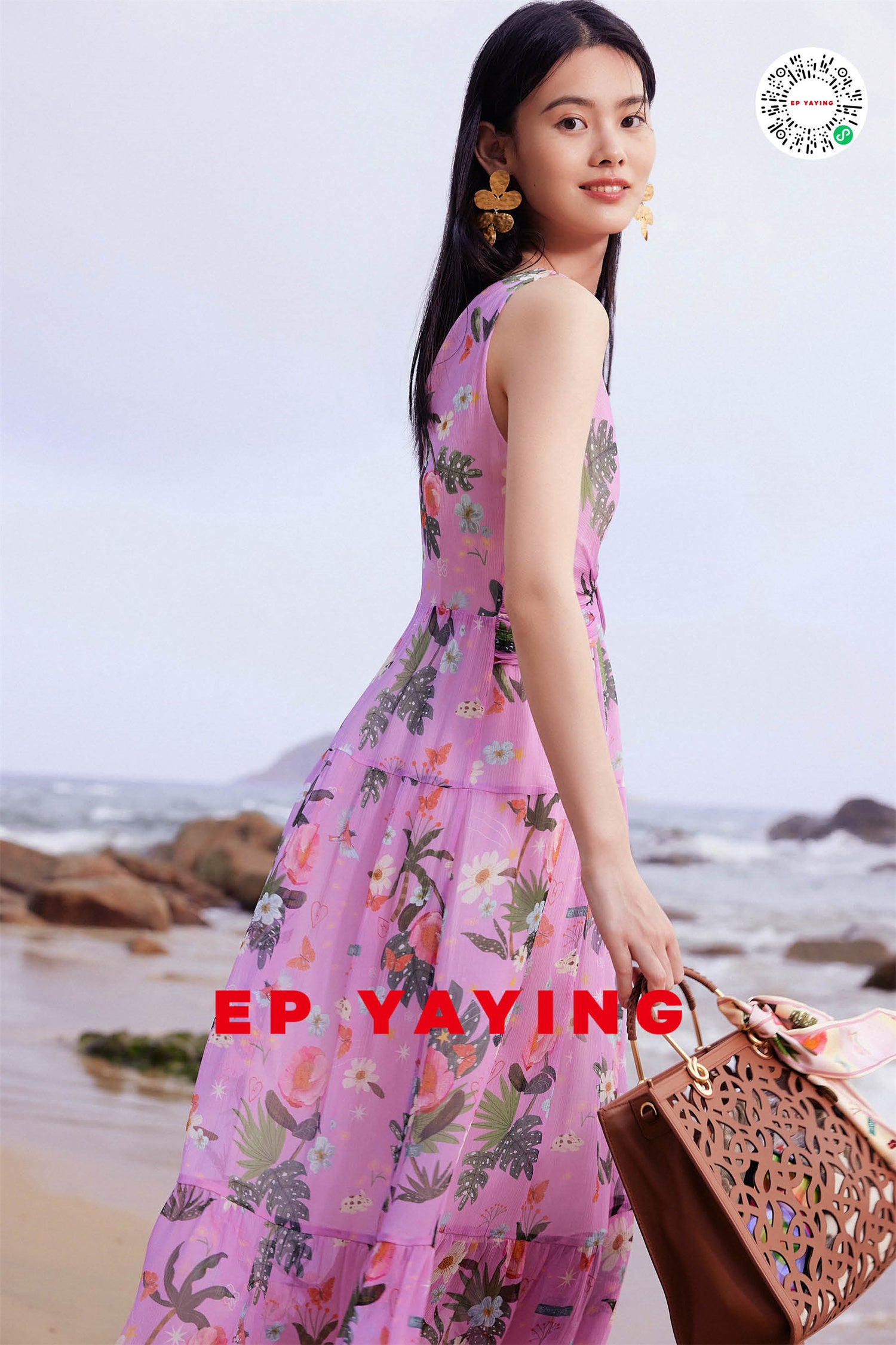 EP YAYING Silk Floral Midi Dress