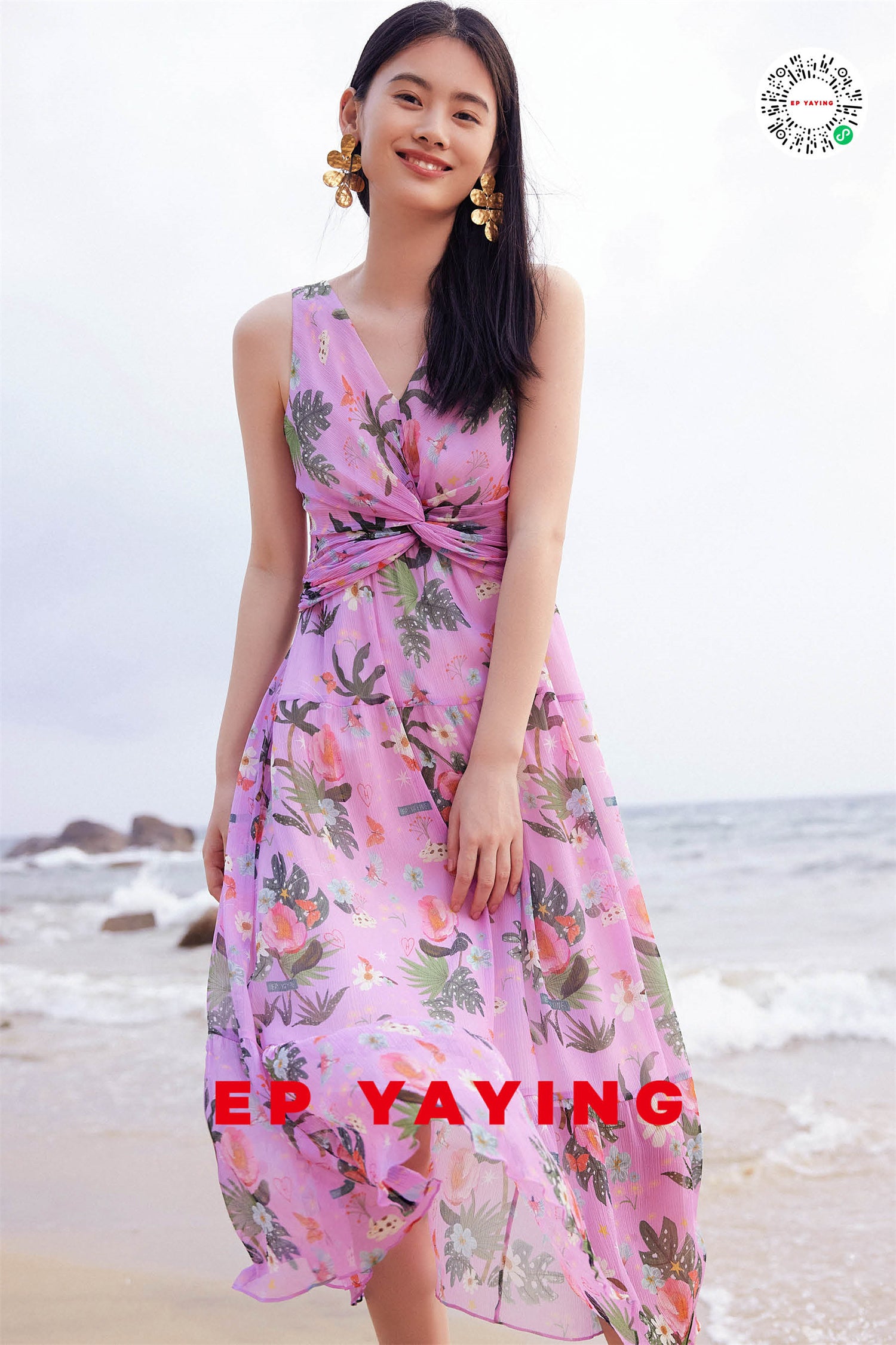 EP YAYING Silk Floral Midi Dress