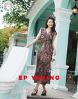 EP YAYING Silk Printed V-Neck Sleeveless Waist-Defining Slimming Dress