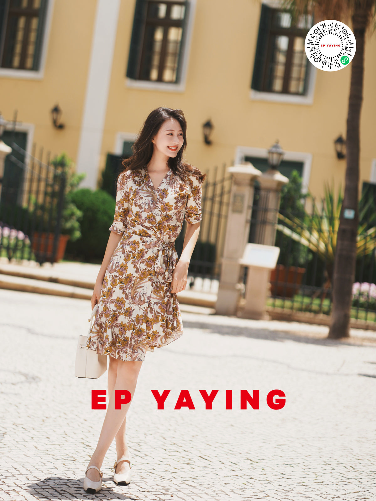 EP YAYING V-Neck Floral Print Puff-Sleeve Silk