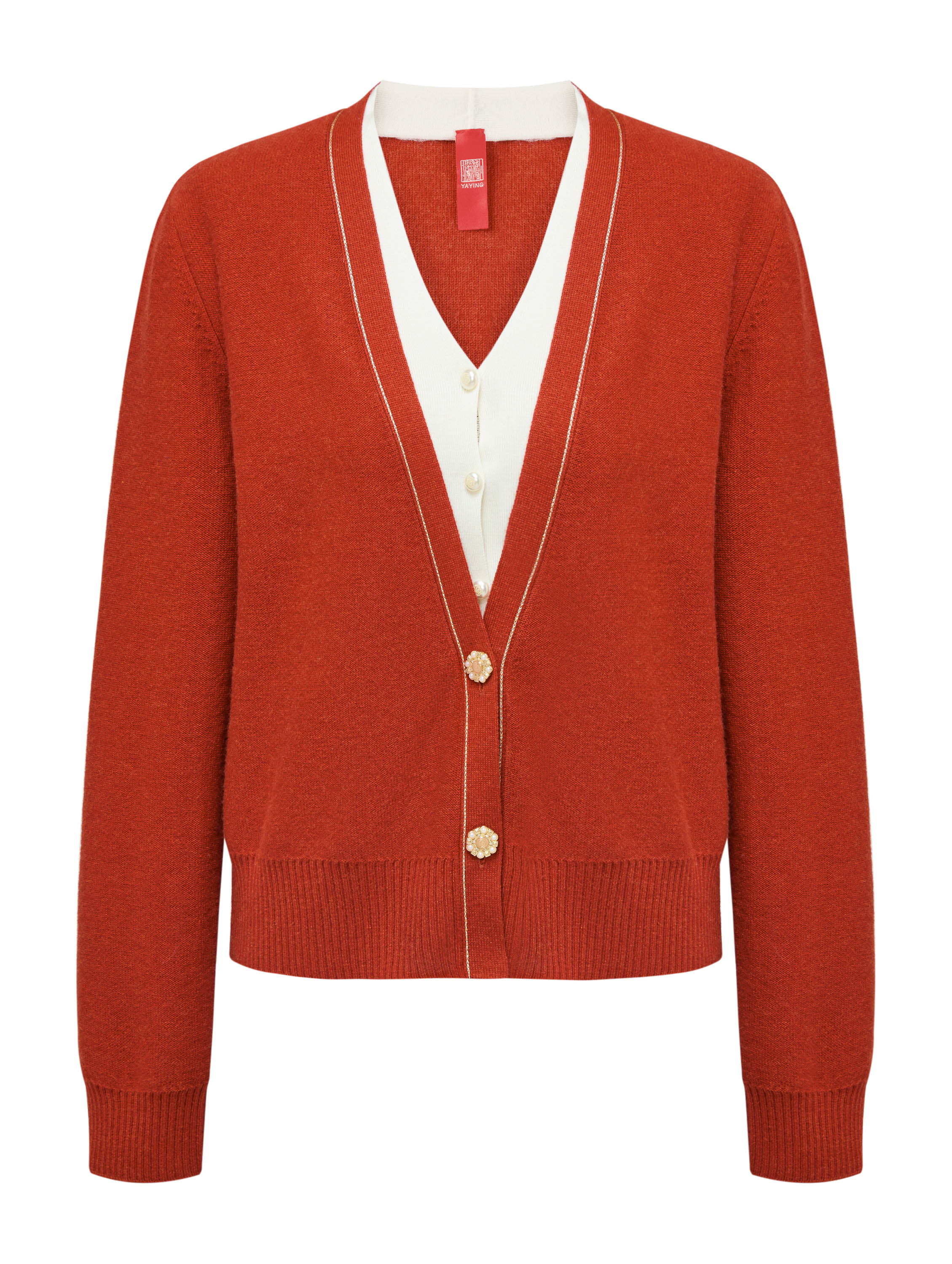 YAYING Red Contrast Knit Cardigan