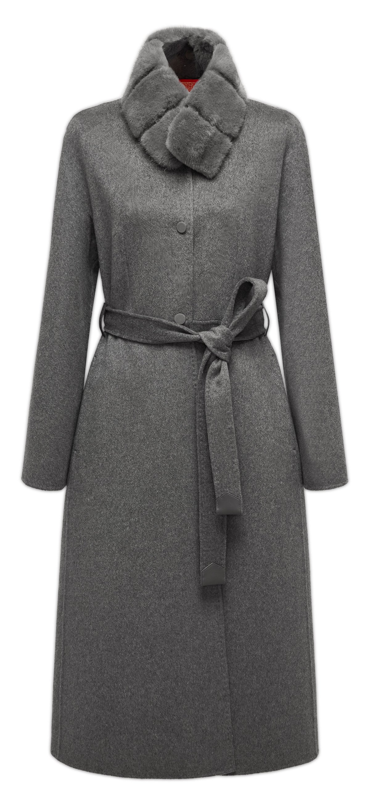 YAYING Charcoal Belted Long Coat with Faux-Fur Collar