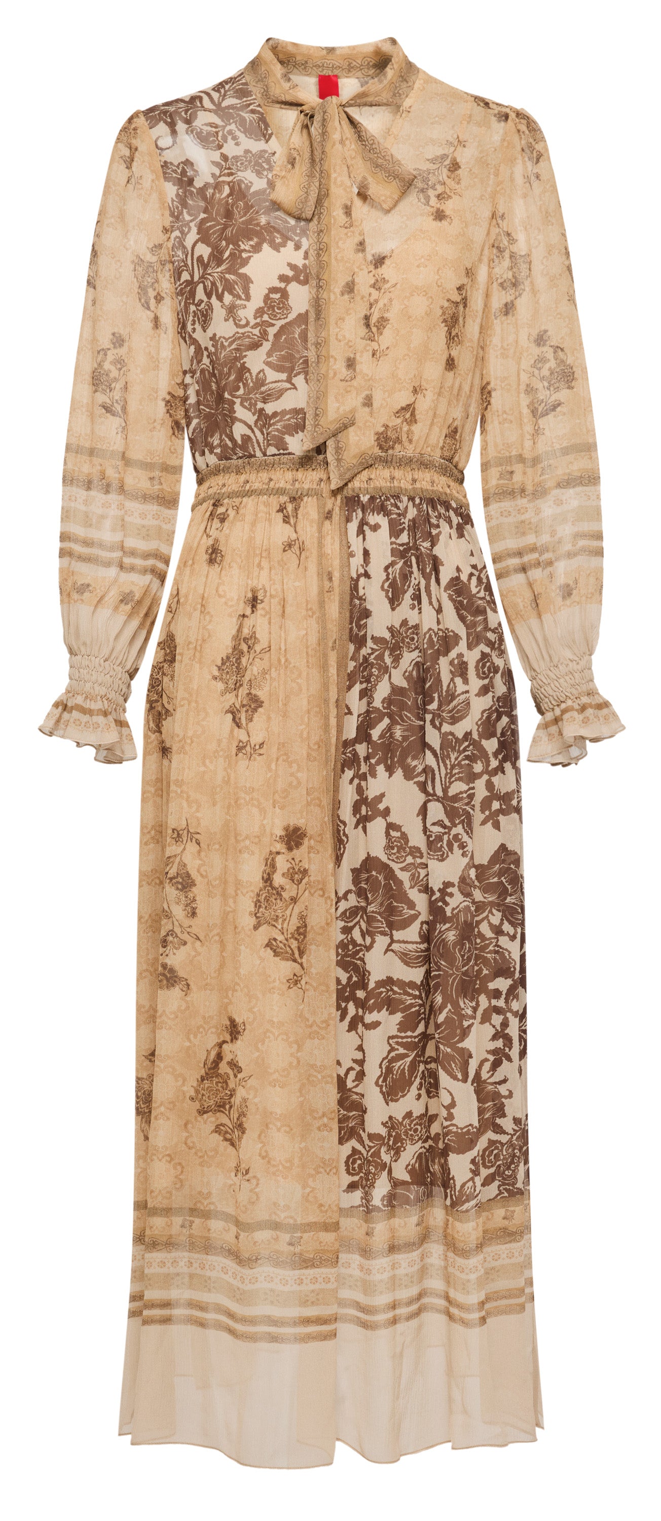 YAYING 100% Silk Floral Print Tie-Neck Midi Dress