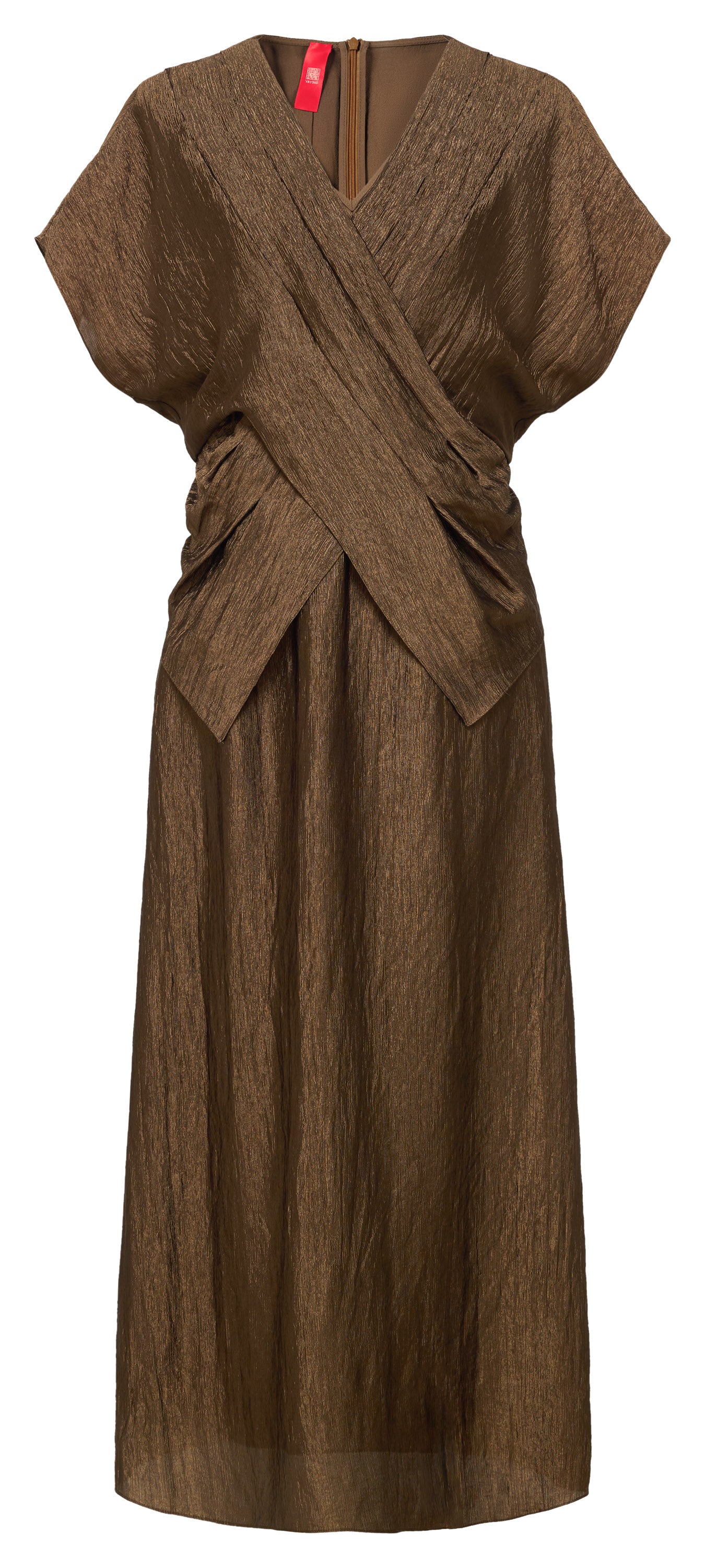 YAYING Elegant Acetate Satin Faux Two-Piece V-Neck Long Sleeve Midi Dress