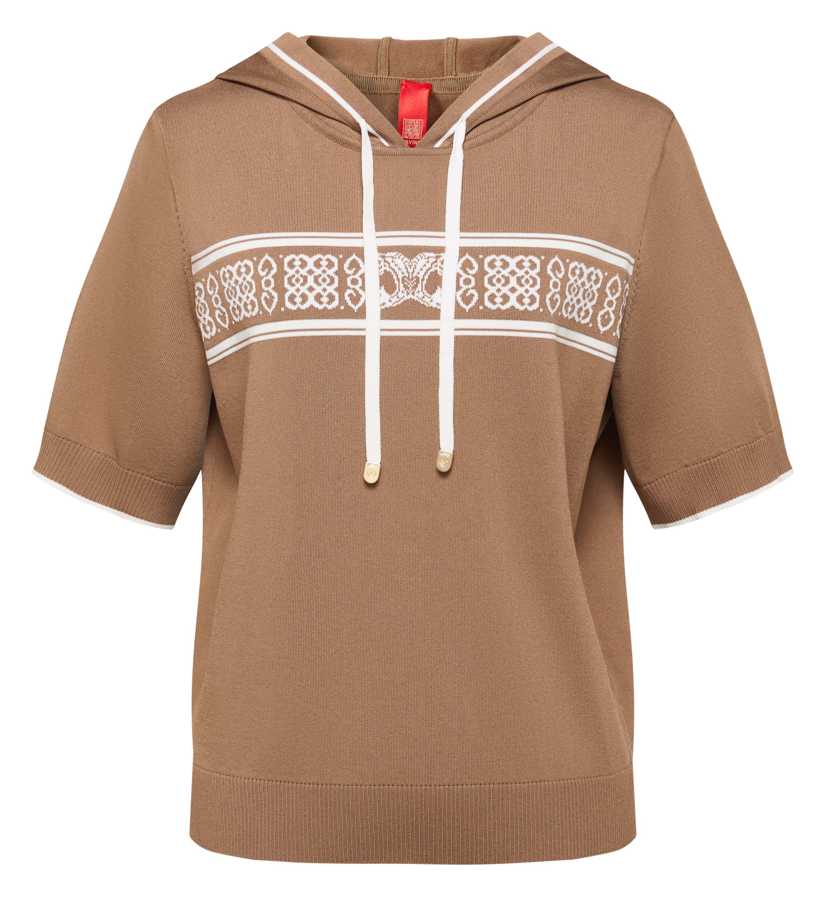 YAYING Embossed Relaxed Hooded Drawstring Short Sleeve Knit Top