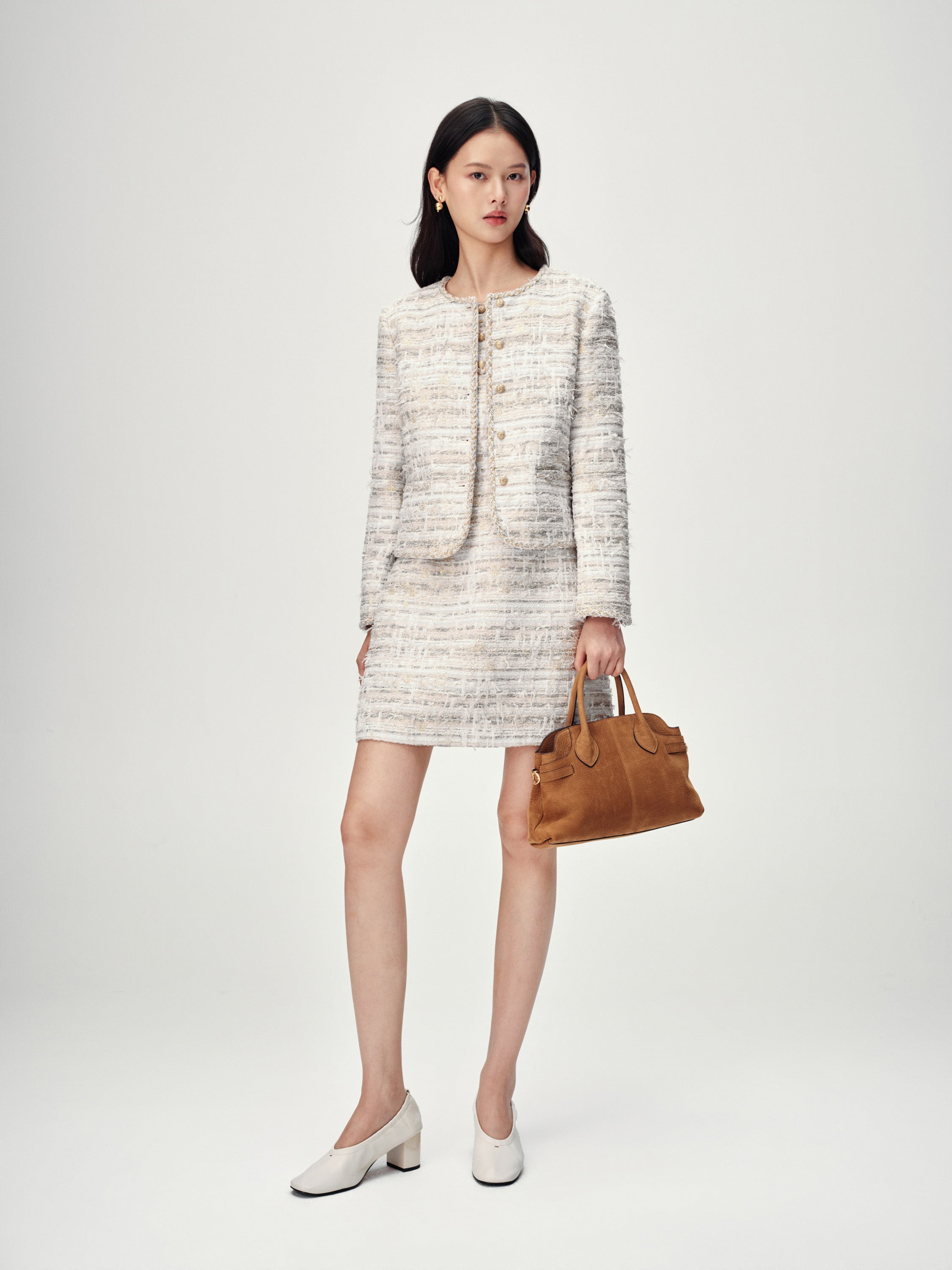 EP YAYING Light Gold Handcrafted Tweed Short Jacket