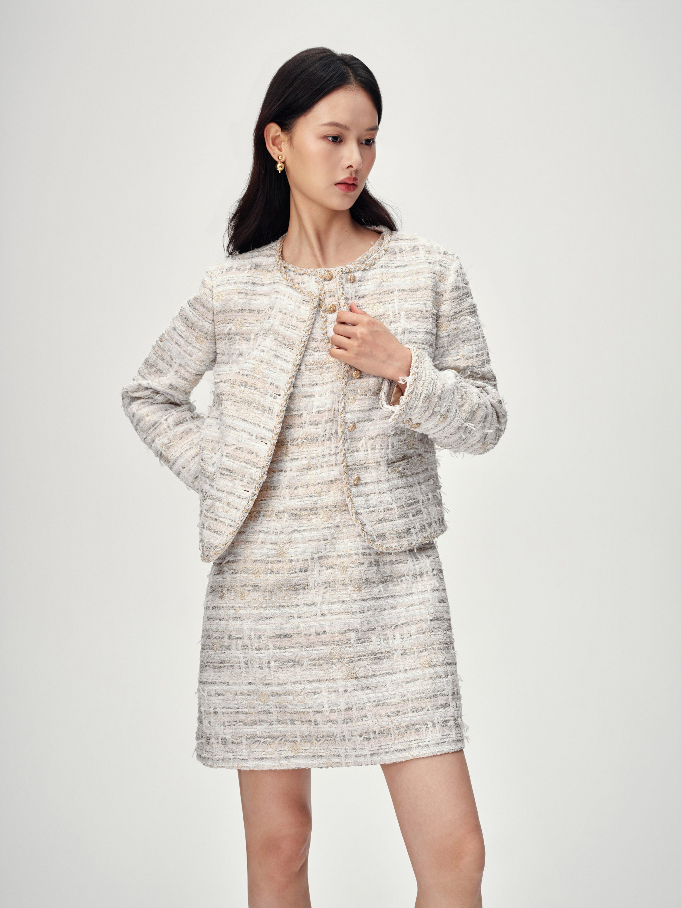 EP YAYING Light Gold Handcrafted Tweed Short Jacket