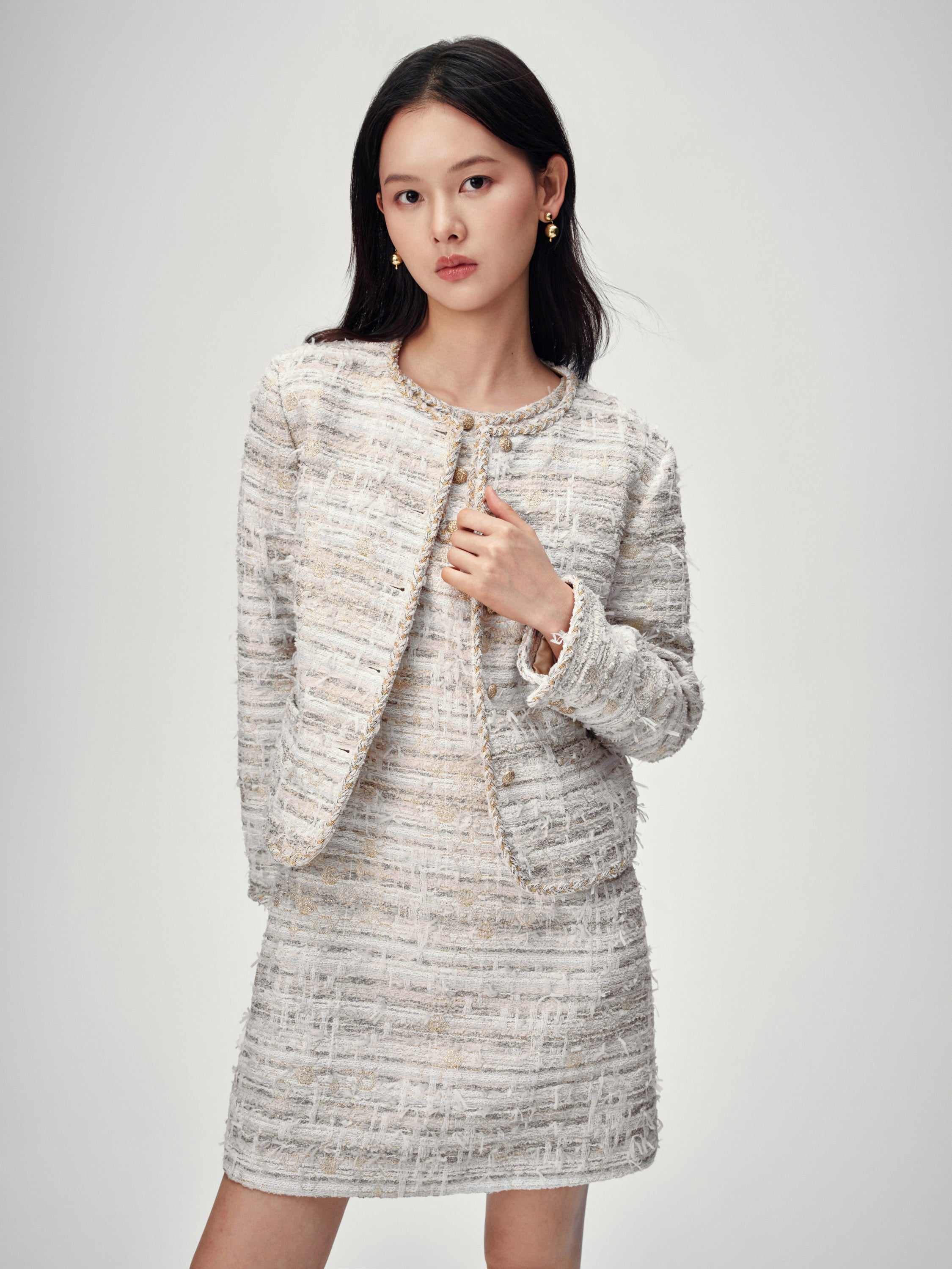 EP YAYING Light Gold Handcrafted Tweed Short Jacket