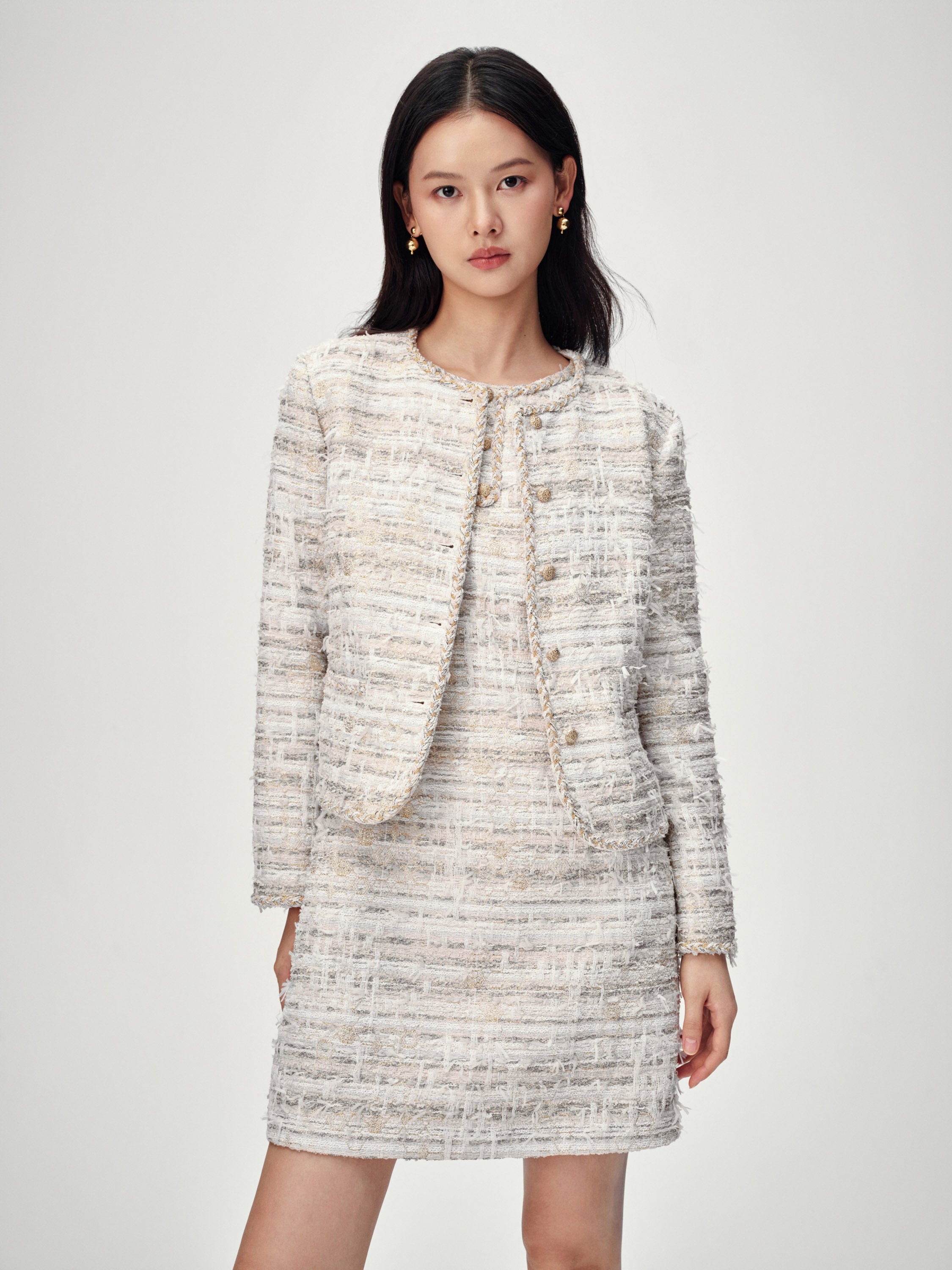 EP YAYING Light Gold Handcrafted Tweed Short Jacket