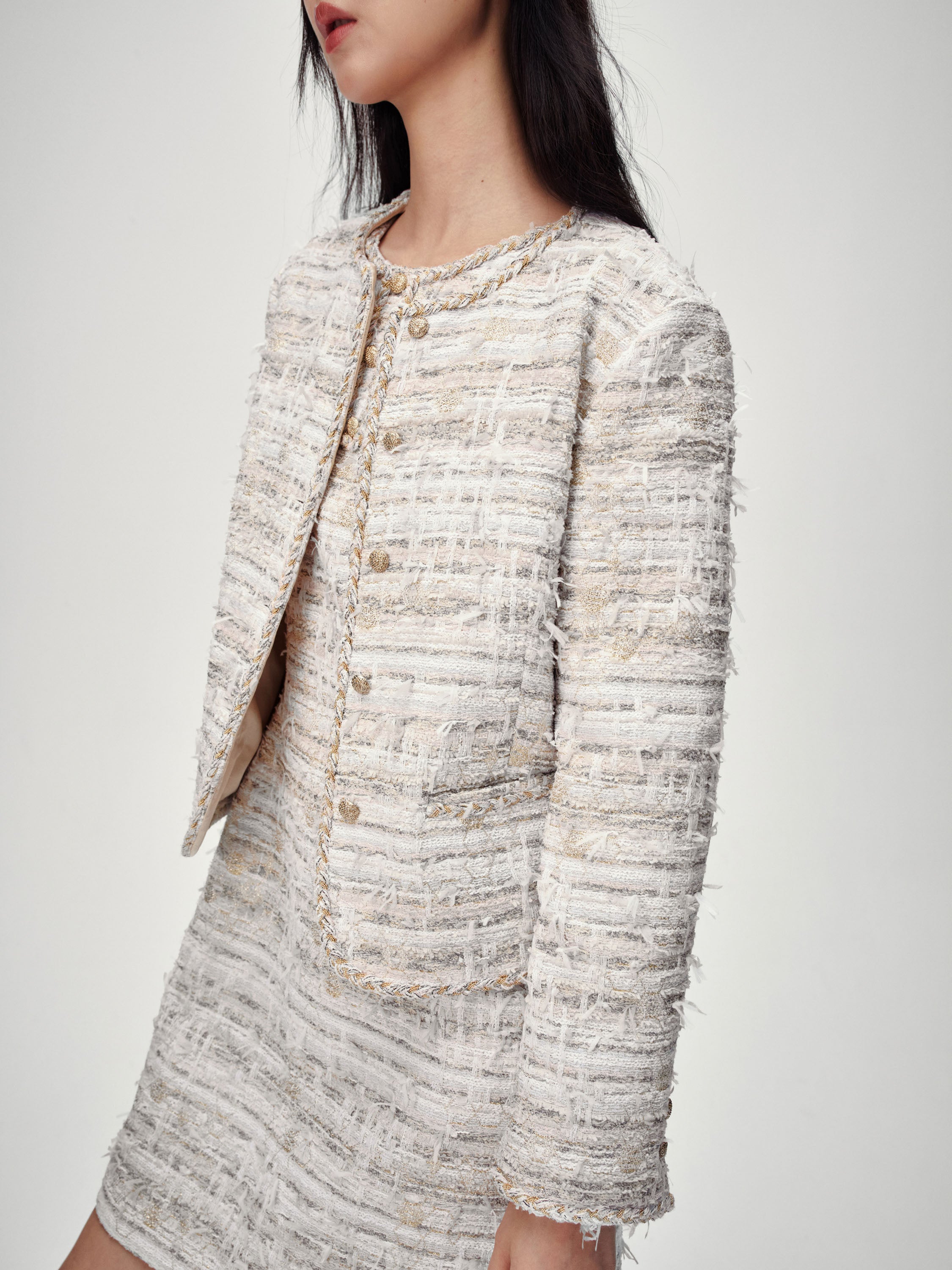 EP YAYING Light Gold Handcrafted Tweed Short Jacket