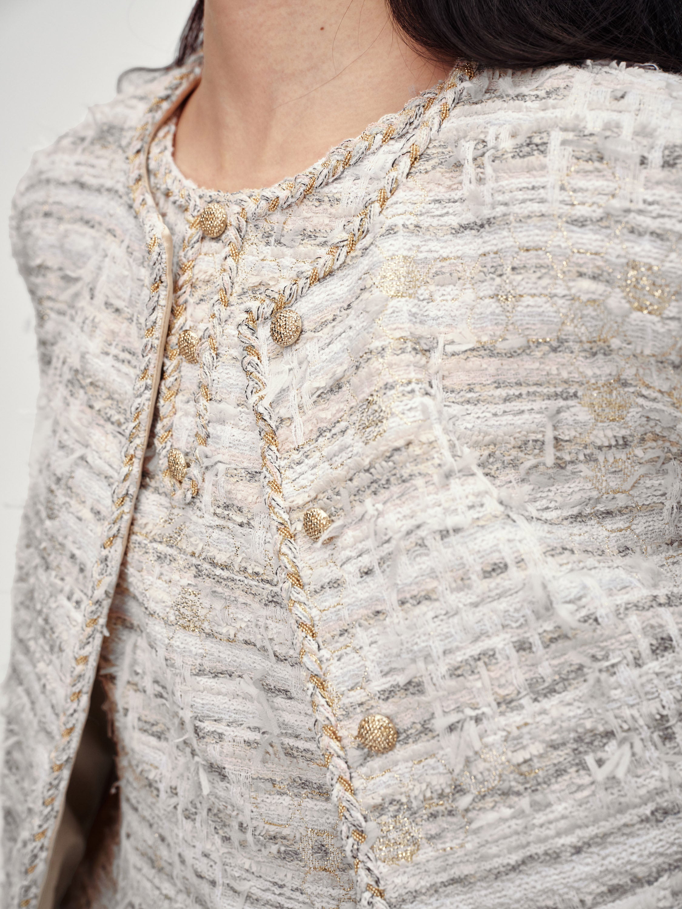 EP YAYING Light Gold Handcrafted Tweed Short Jacket
