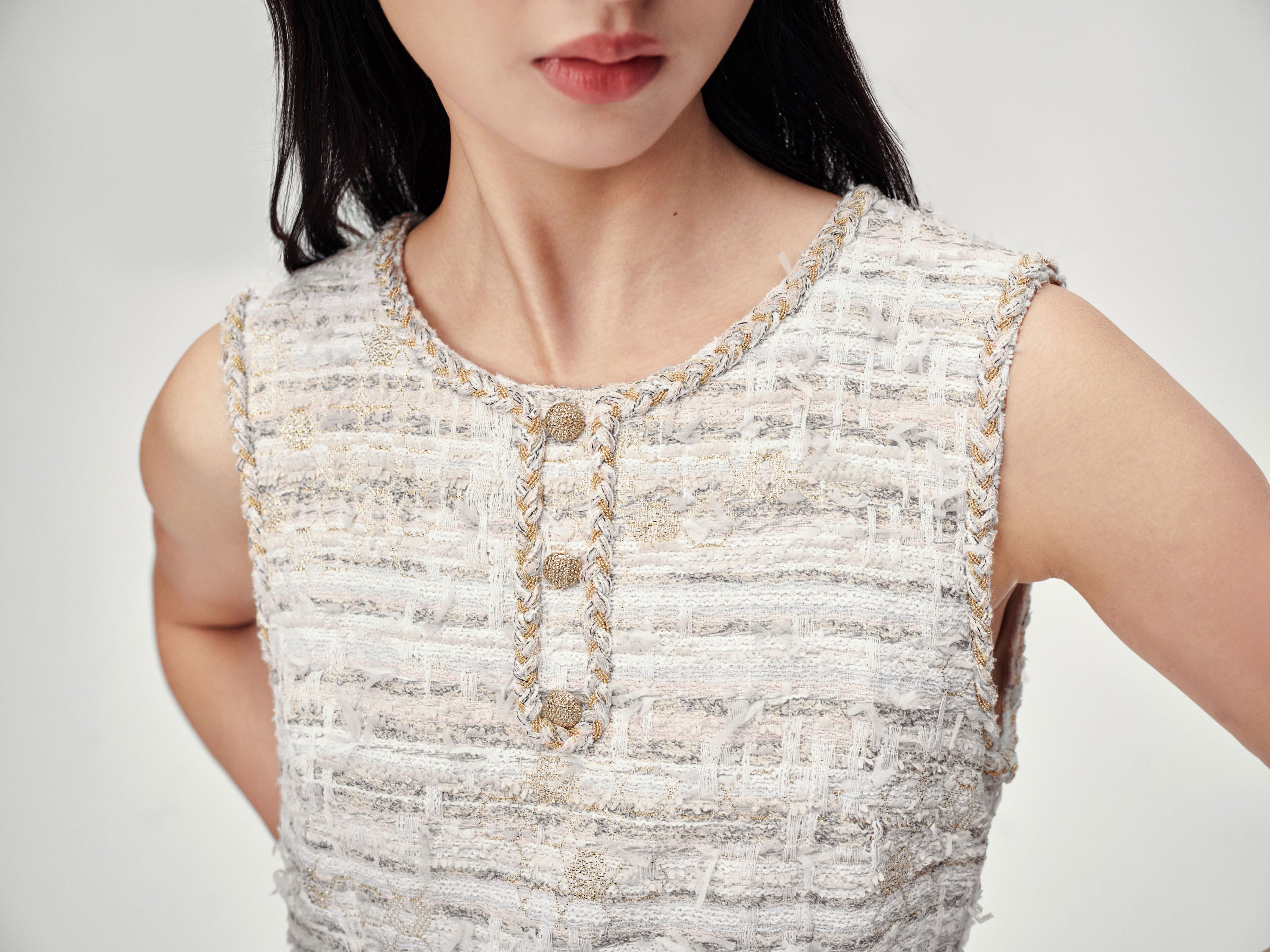 EP YAYING Light Gold Handcrafted Tweed Sleeveless Dress