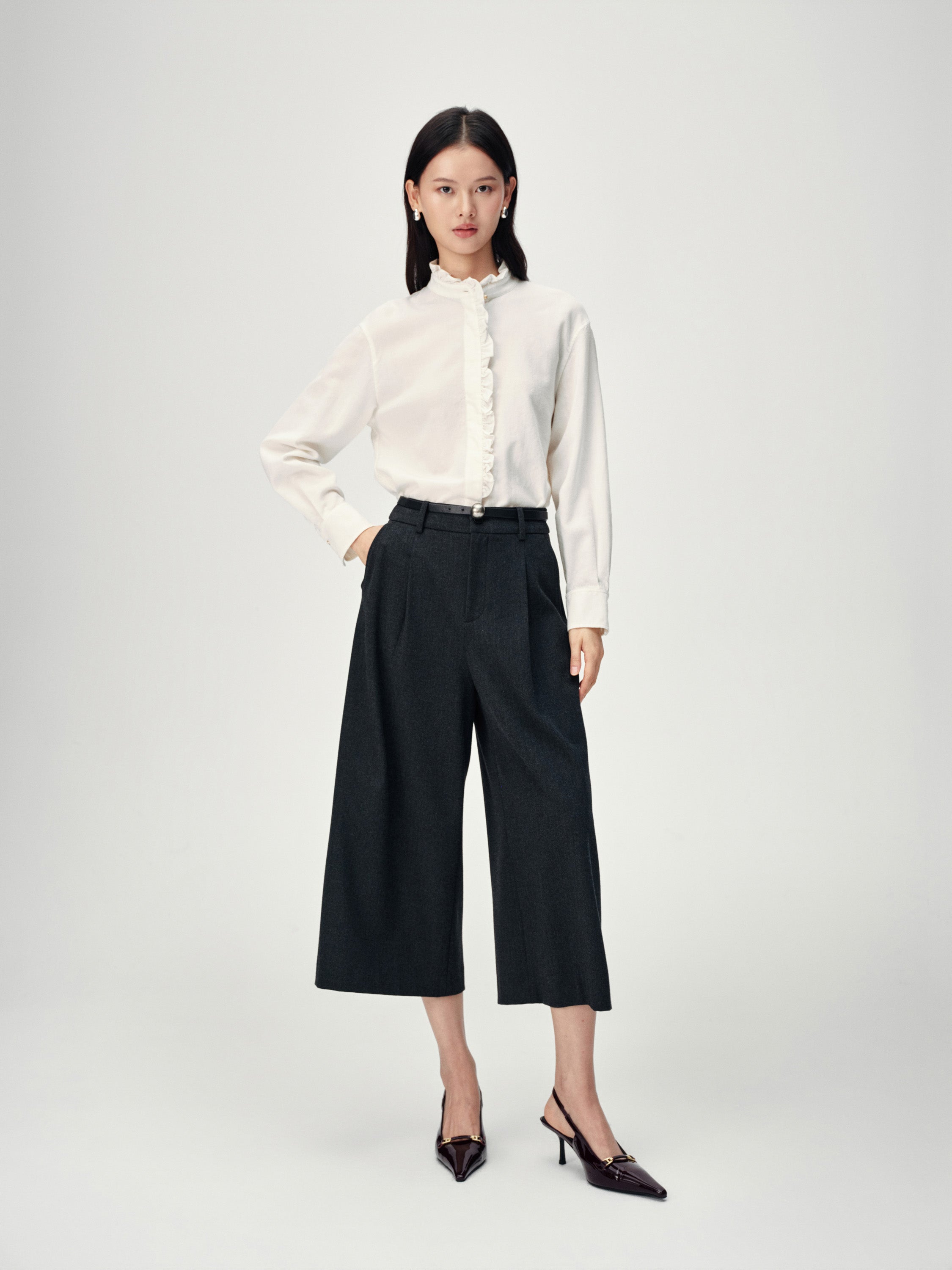 EP YAYING White Ruffle Stand Collar Wool Blouse