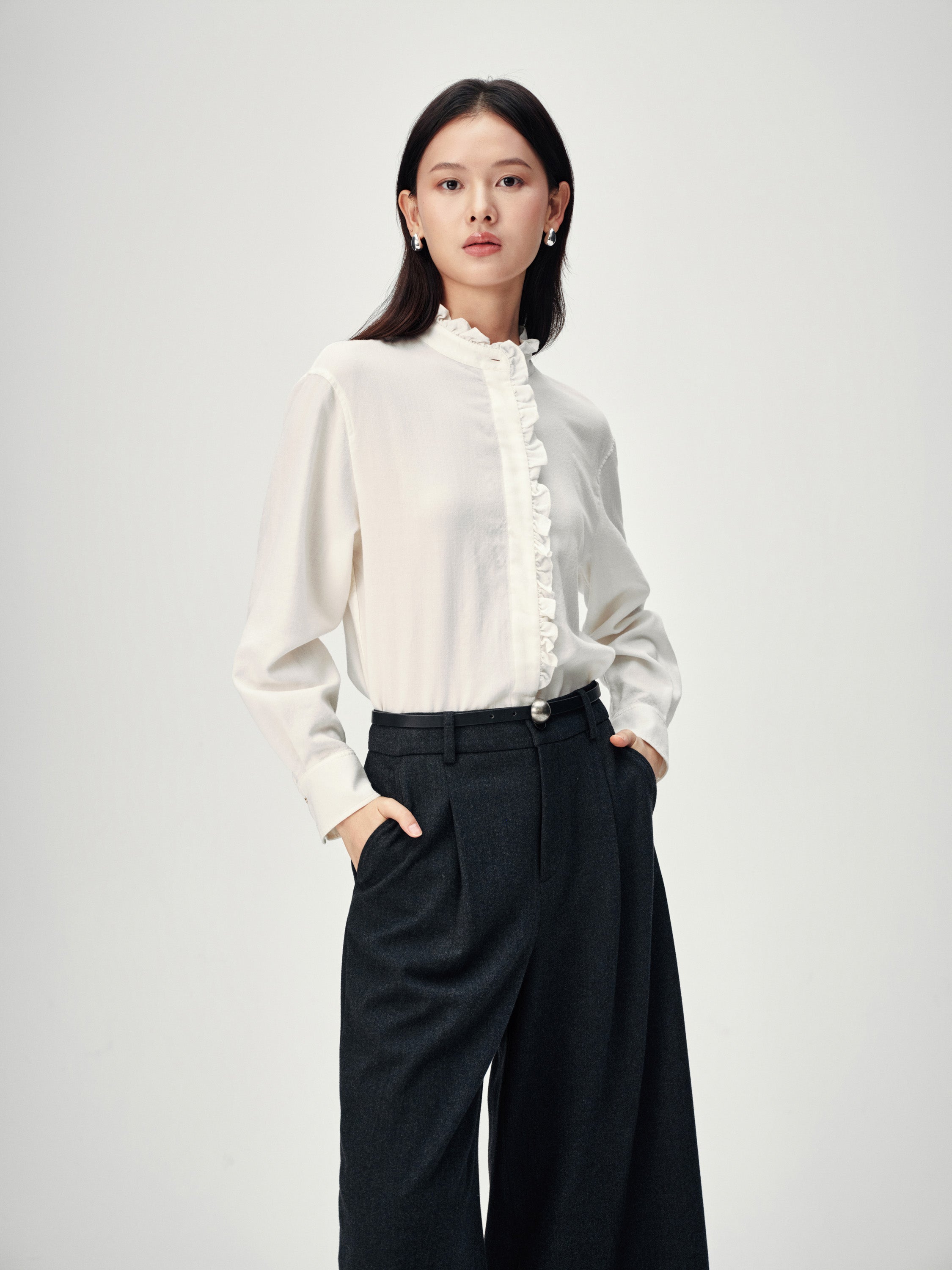 EP YAYING White Ruffle Stand Collar Wool Blouse