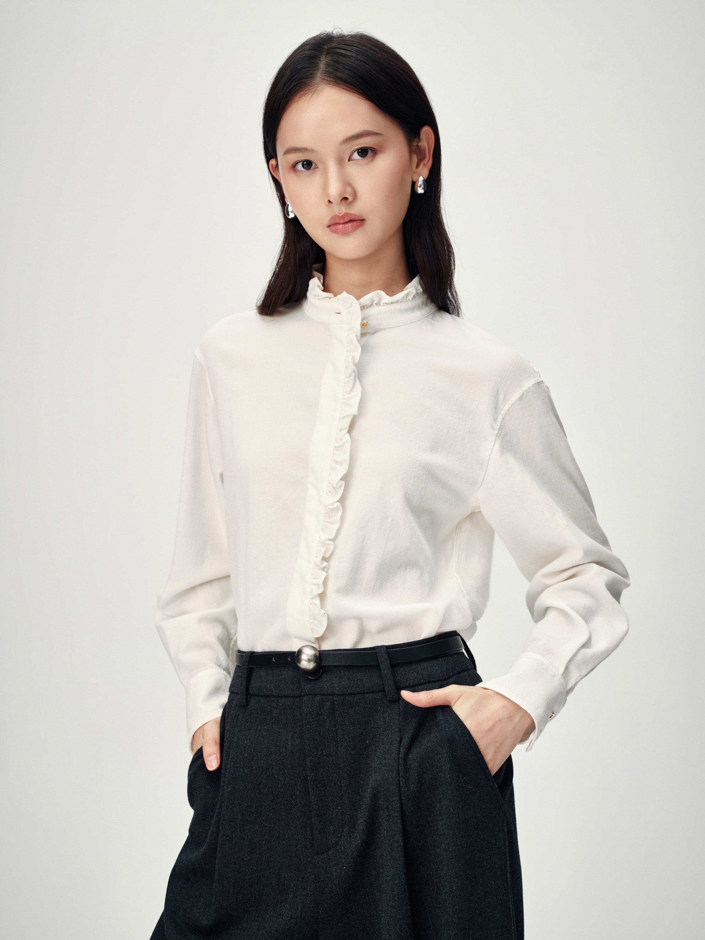 EP YAYING White Ruffle Stand Collar Wool Blouse