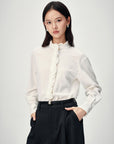 EP YAYING White Ruffle Stand Collar Wool Blouse