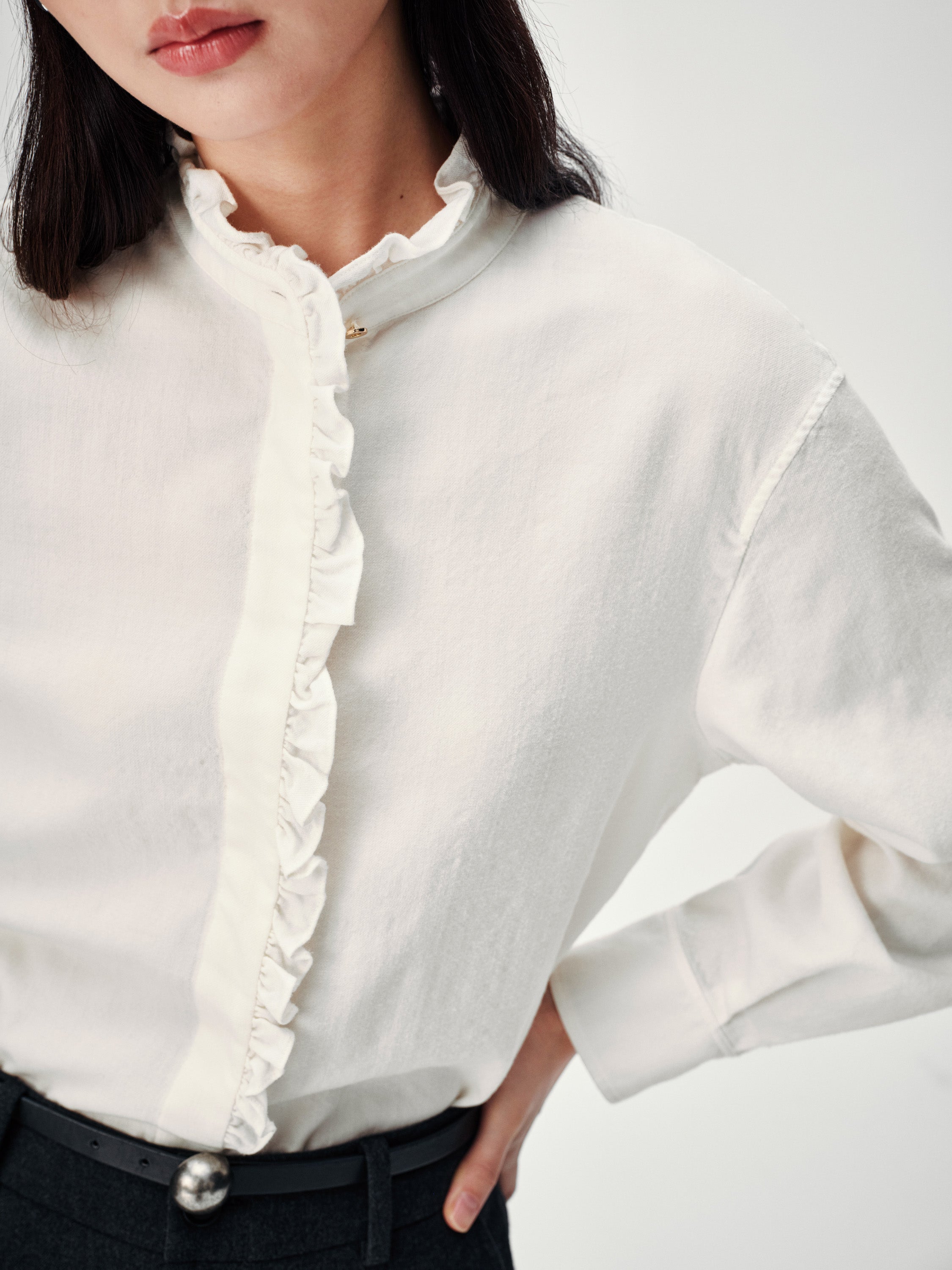 EP YAYING White Ruffle Stand Collar Wool Blouse