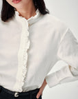 EP YAYING White Ruffle Stand Collar Wool Blouse