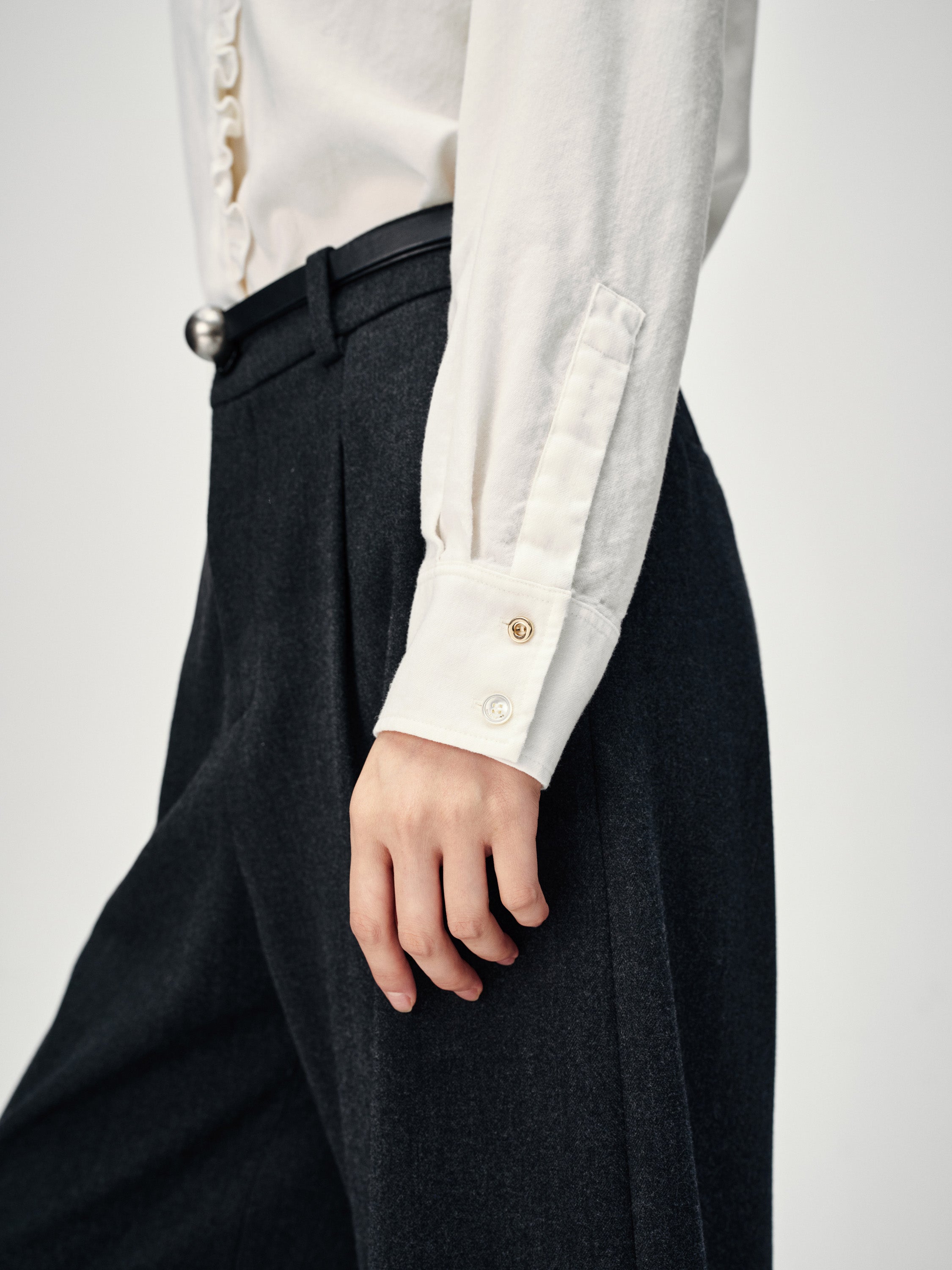 EP YAYING White Ruffle Stand Collar Wool Blouse
