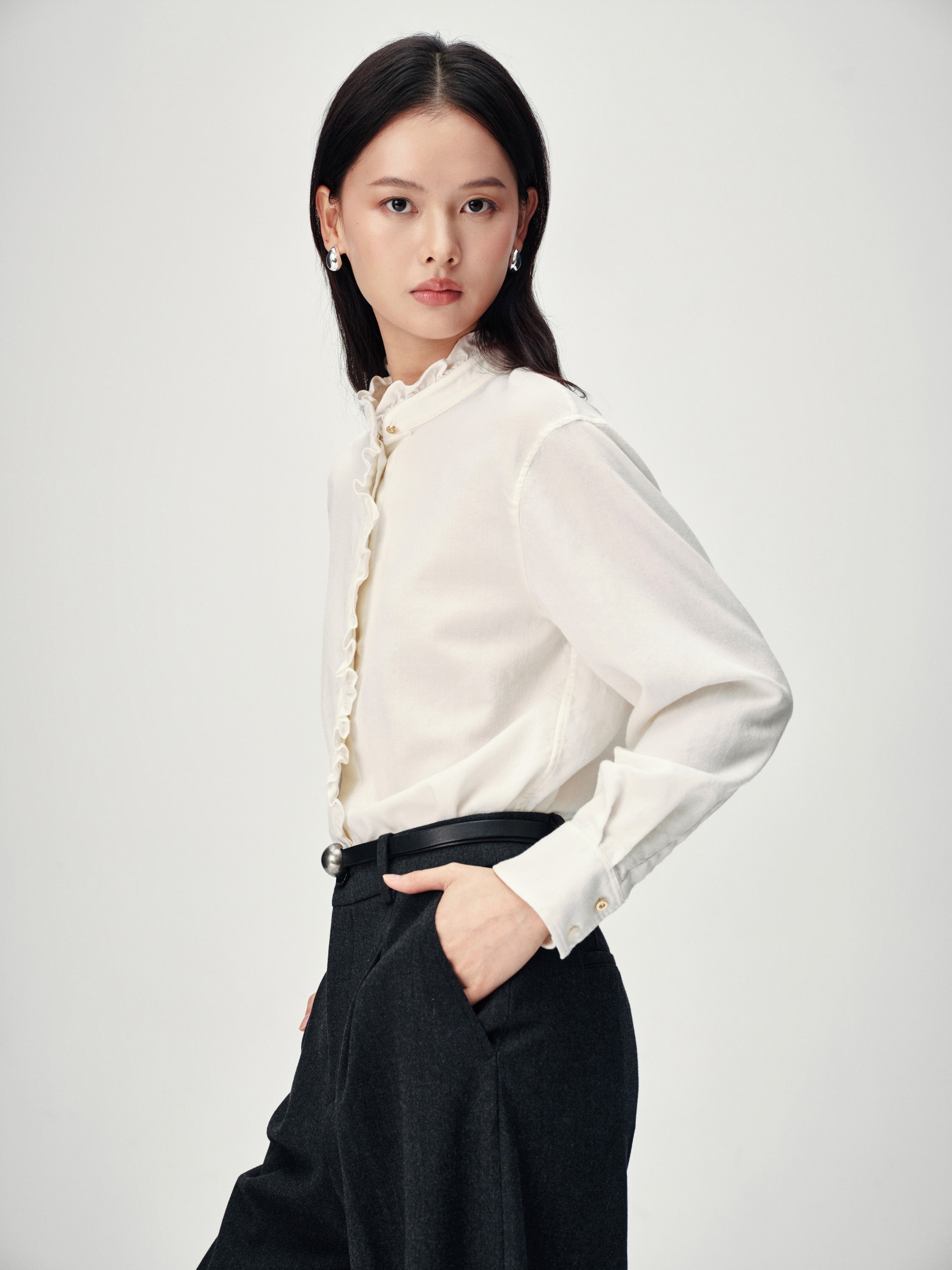 EP YAYING White Ruffle Stand Collar Wool Blouse