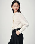 EP YAYING White Ruffle Stand Collar Wool Blouse