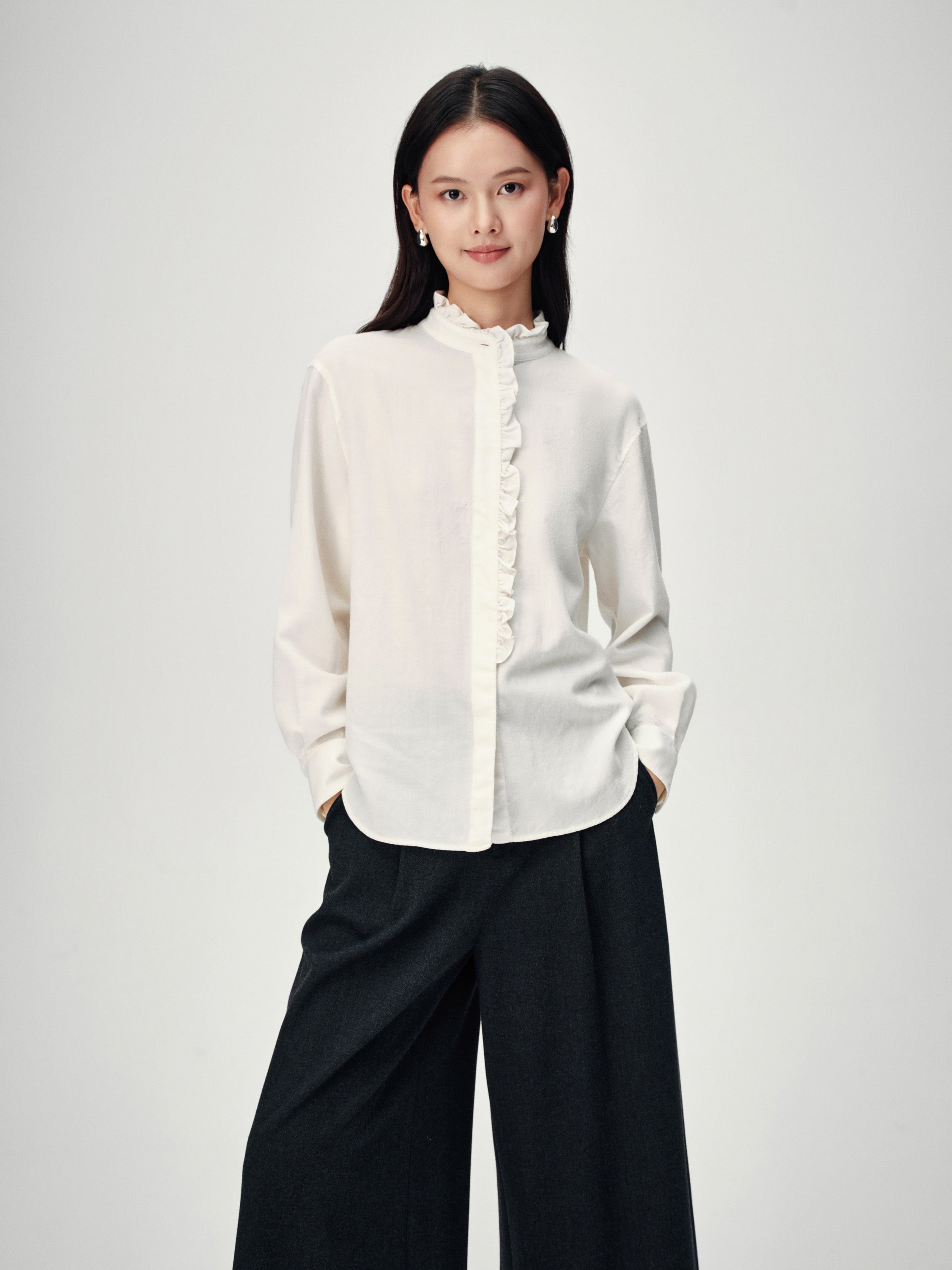 EP YAYING White Ruffle Stand Collar Wool Blouse