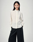 EP YAYING White Ruffle Stand Collar Wool Blouse