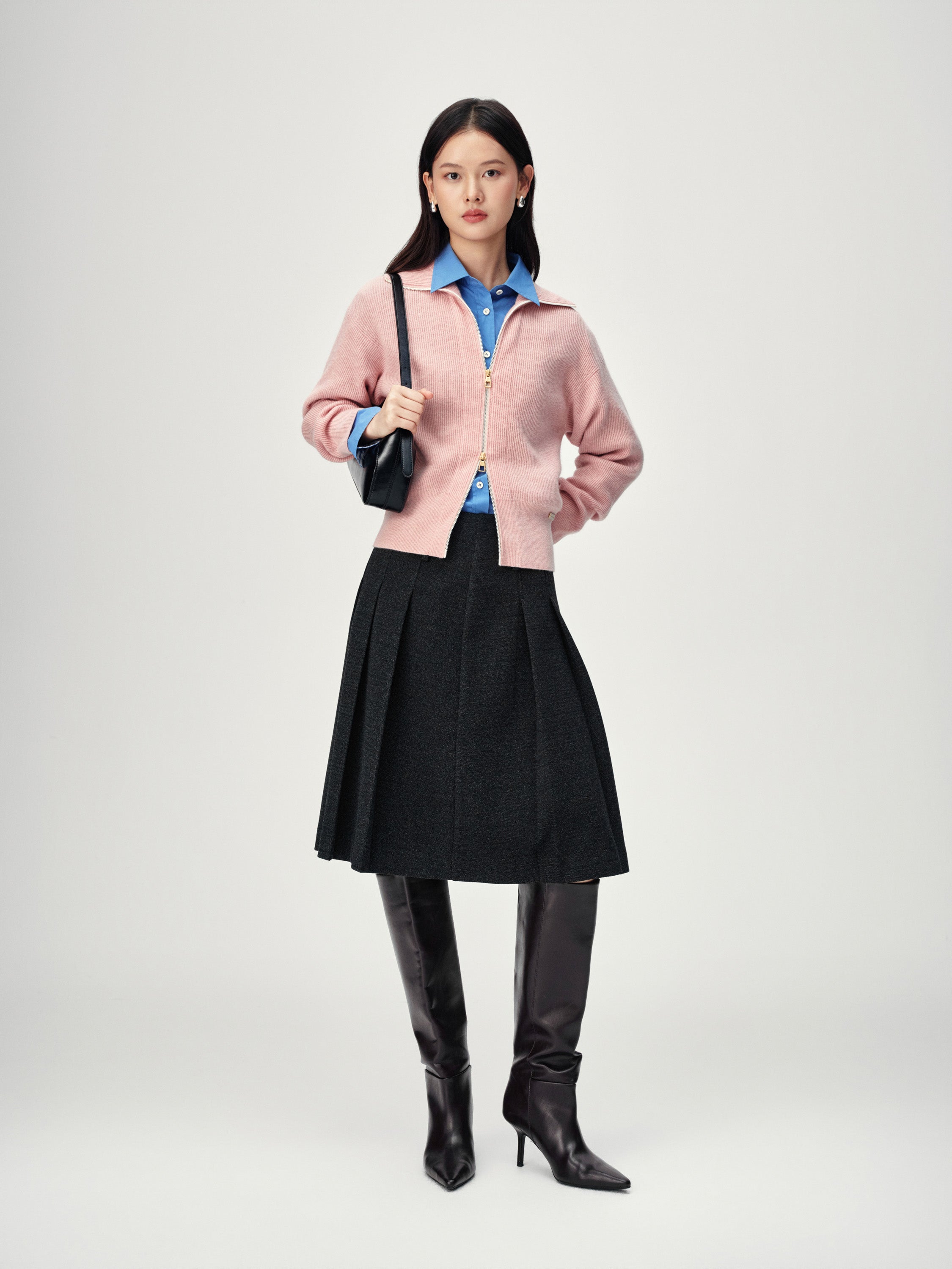 EP YAYING Full-Zip Lapel Ribbed Knit Cardigan