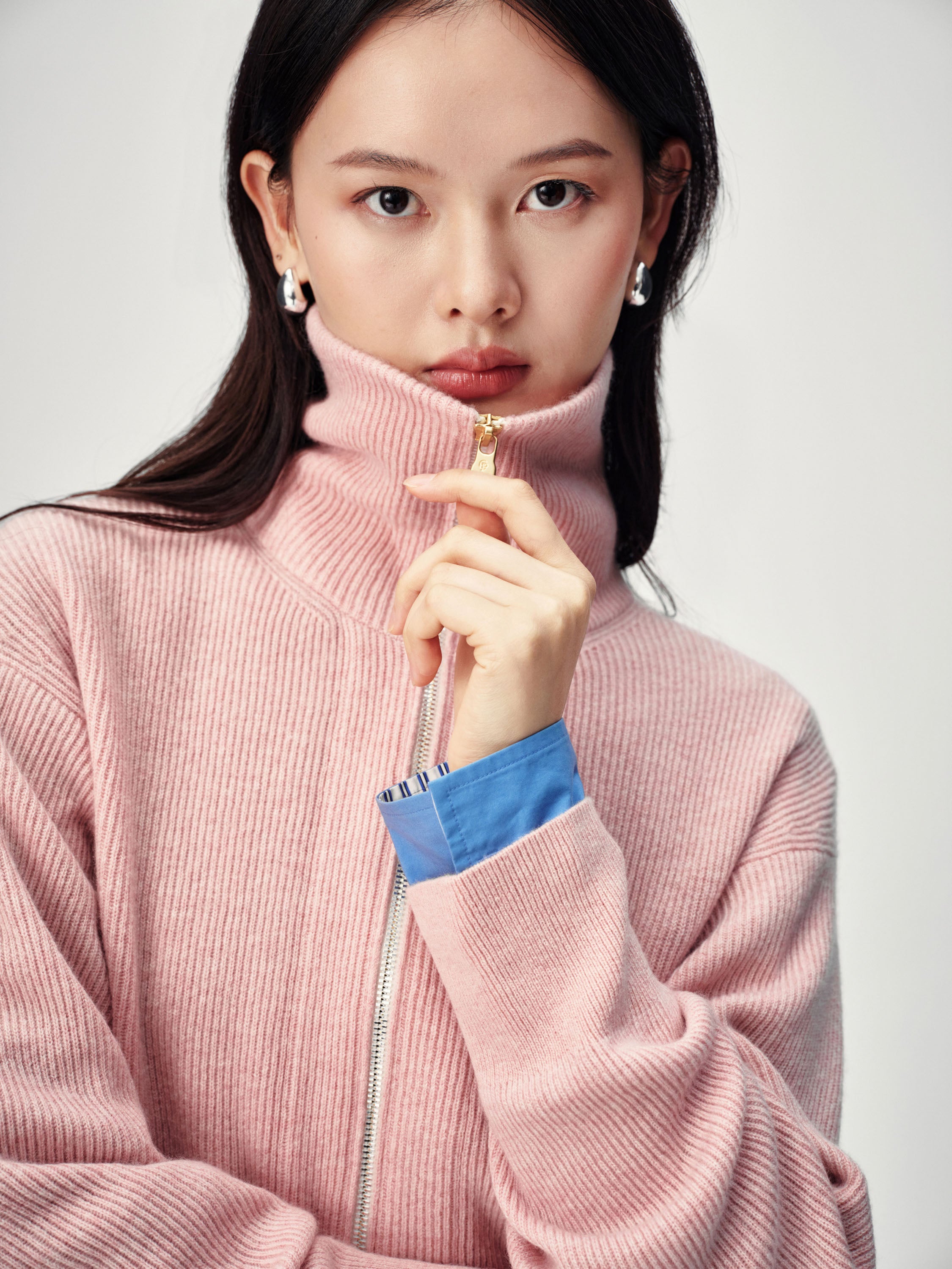 EP YAYING Full-Zip Lapel Ribbed Knit Cardigan