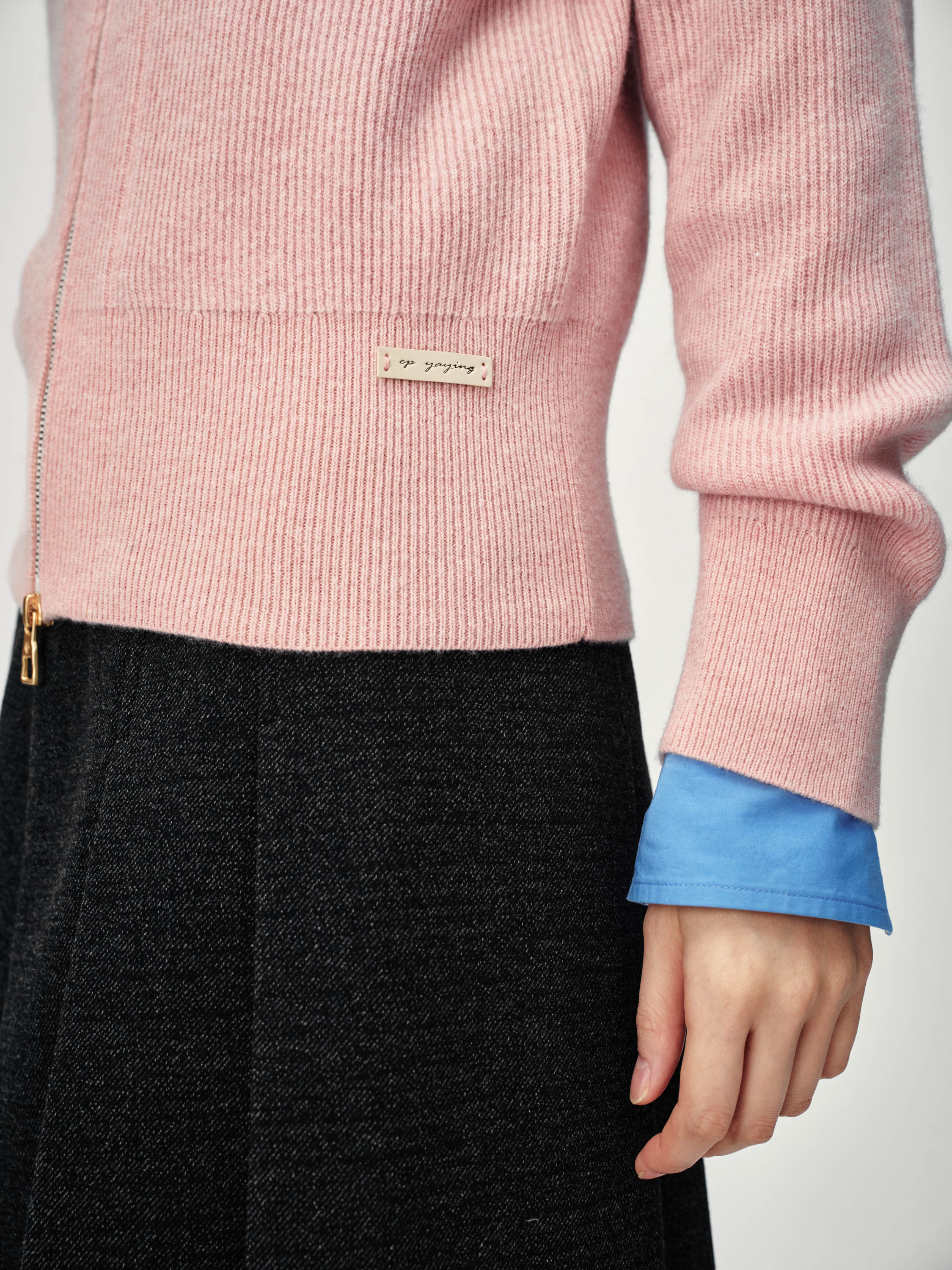 EP YAYING Full-Zip Lapel Ribbed Knit Cardigan