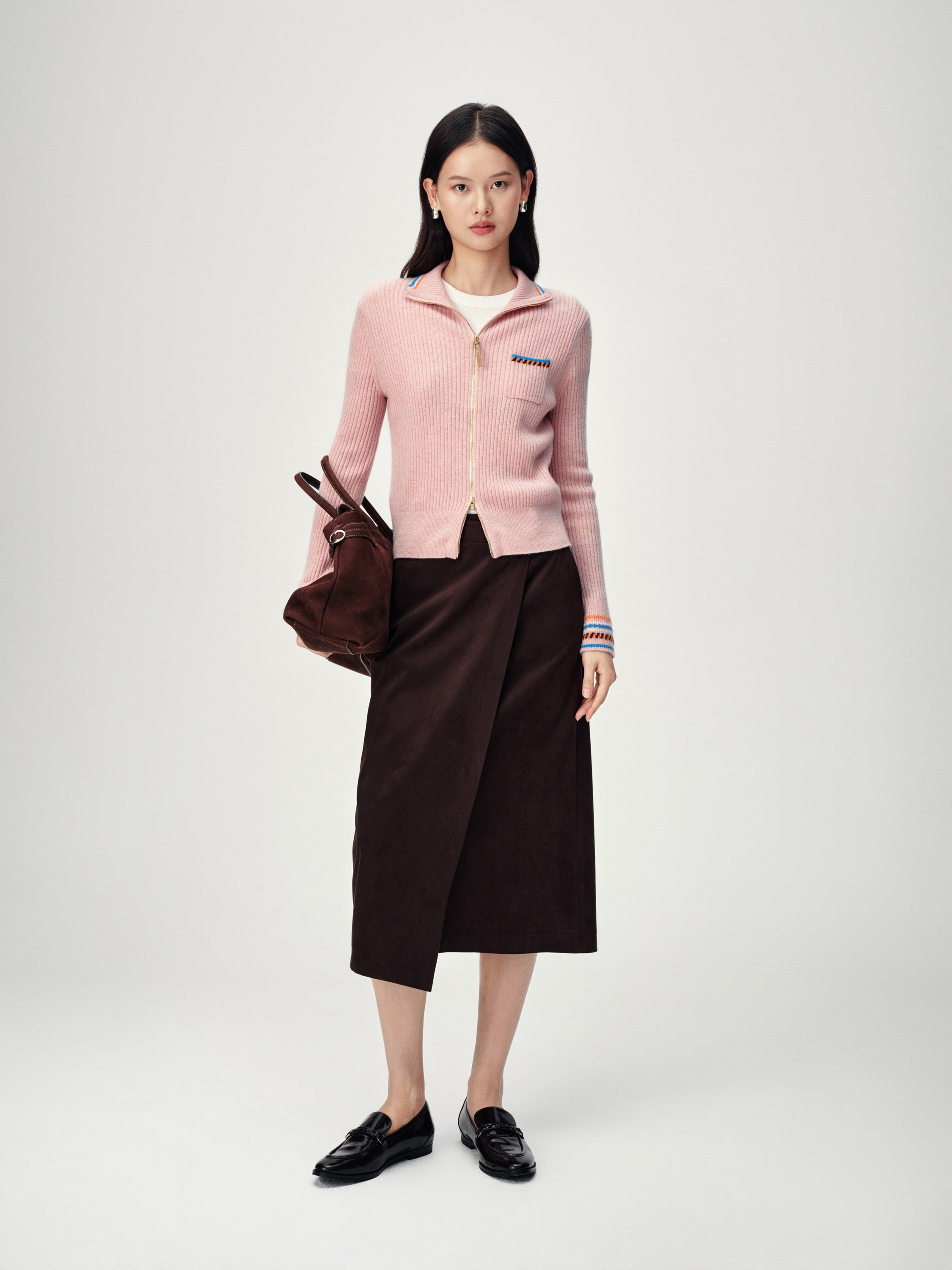 EP YAYING Light Color Cashmere Colorblock Trim Zip Pullover