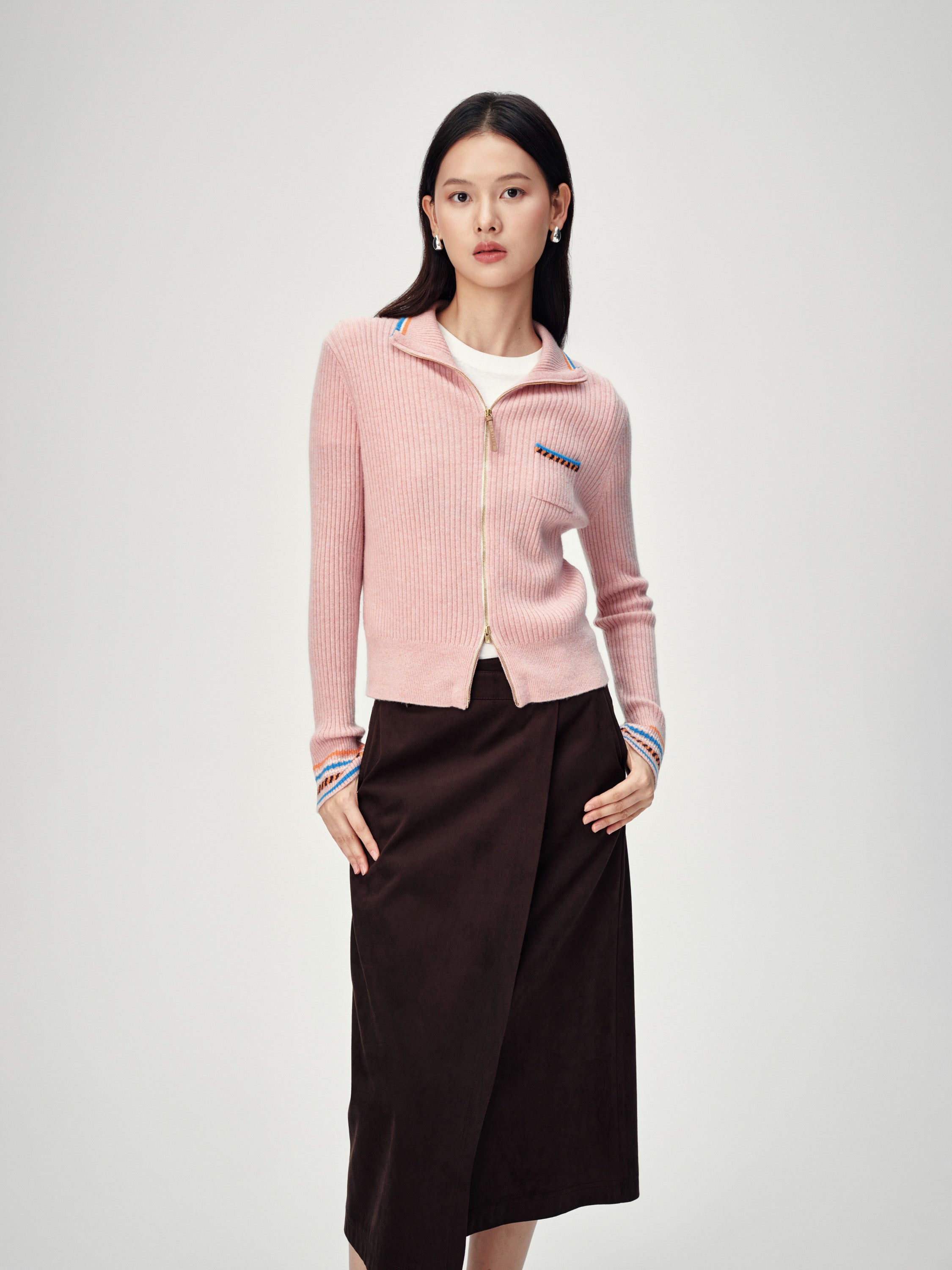 EP YAYING Light Color Cashmere Colorblock Trim Zip Pullover