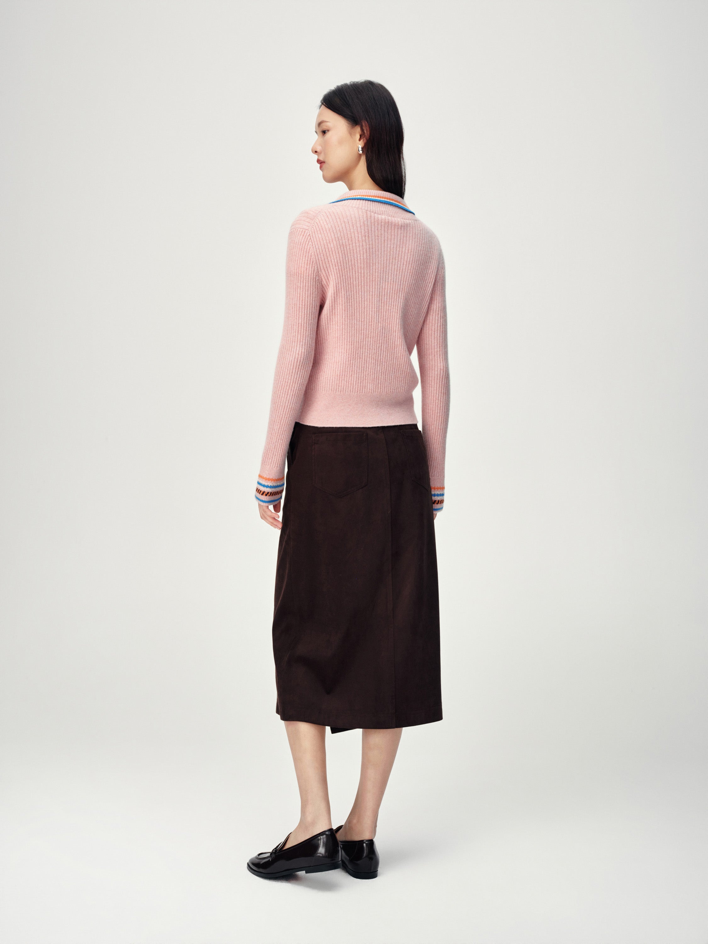 EP YAYING Light Color Cashmere Colorblock Trim Zip Pullover