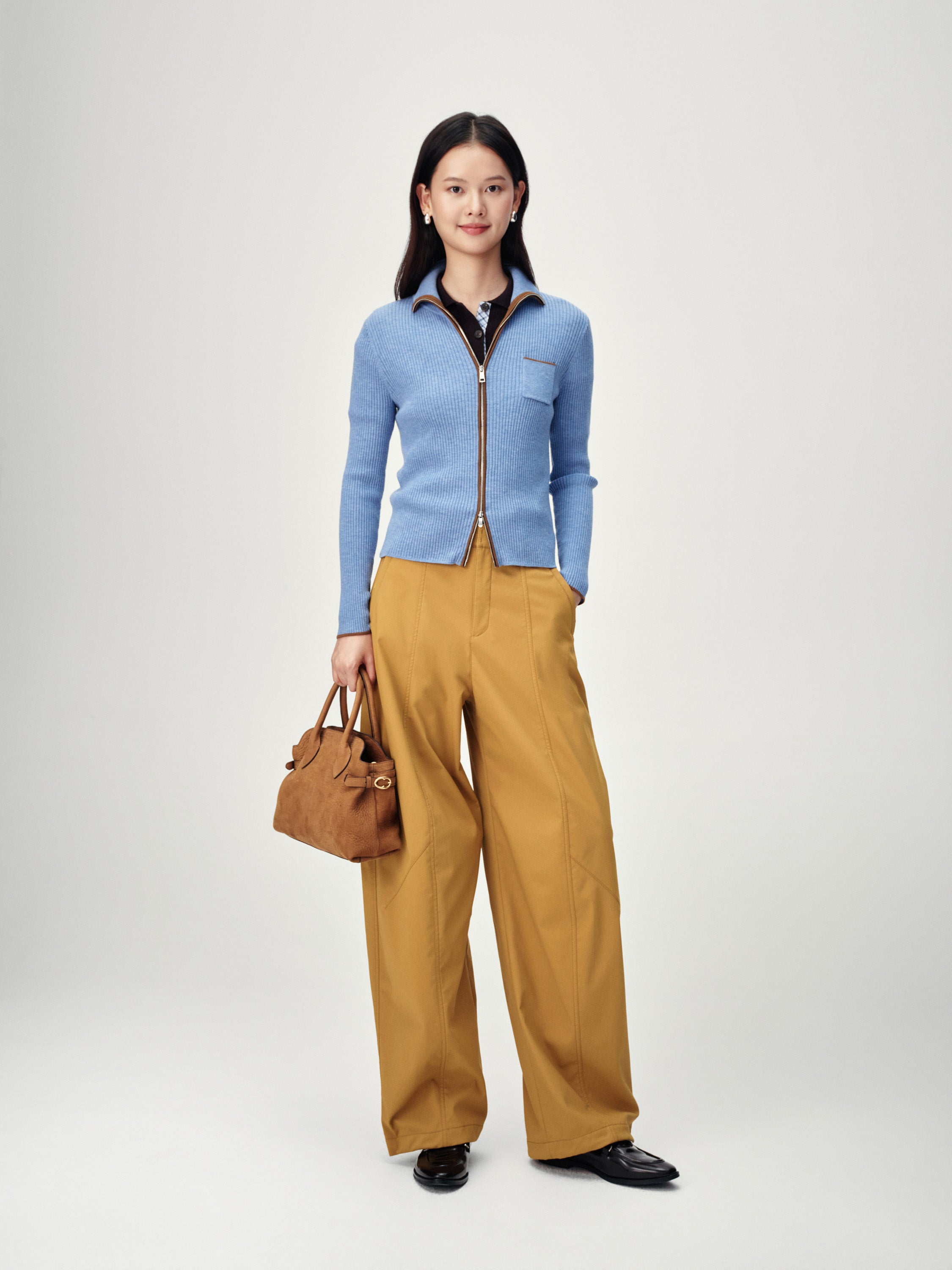 EP YAYING Colorblock Zip-Up Ribbed Stand Collar Cardigan