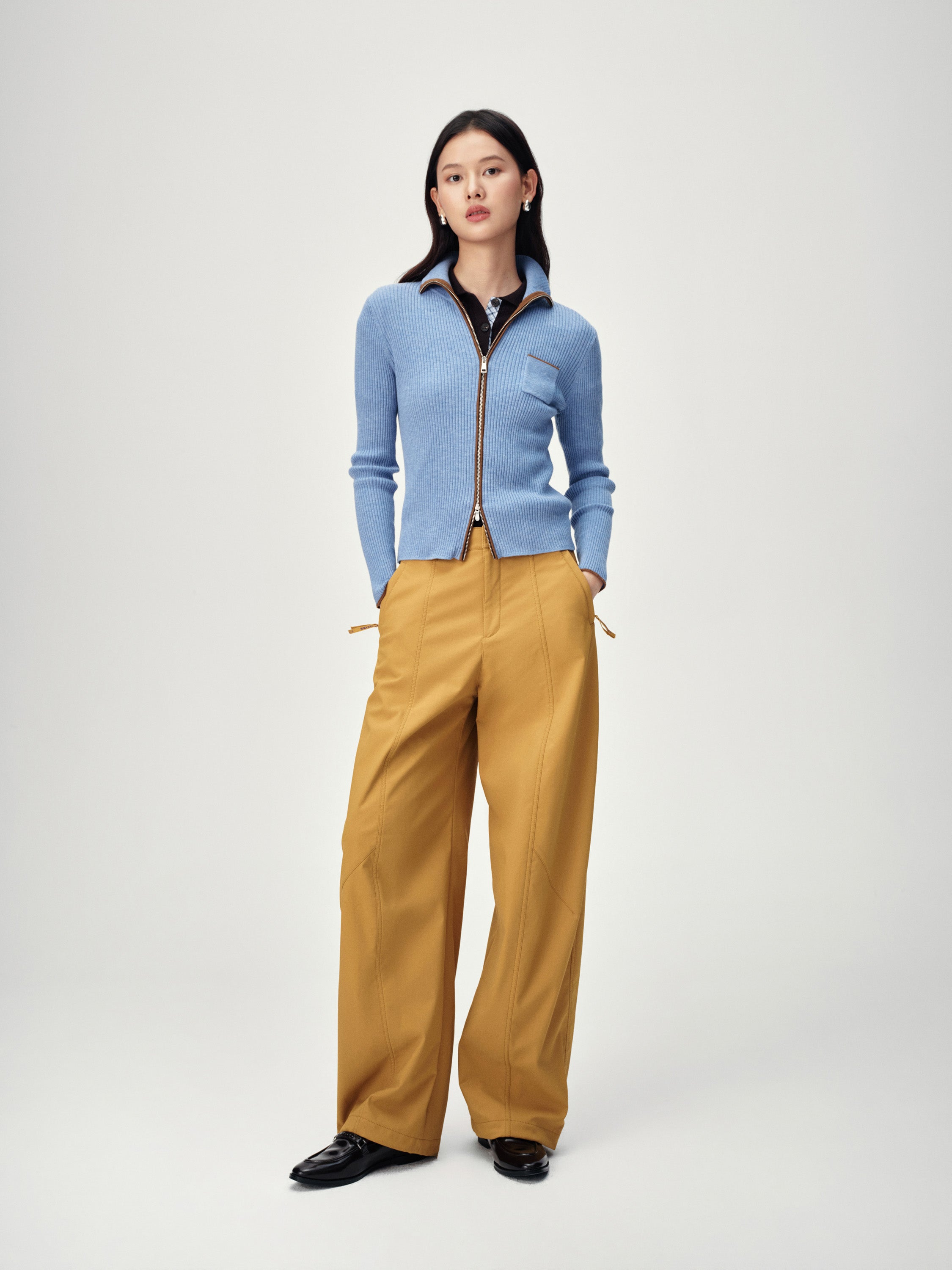EP YAYING Colorblock Zip-Up Ribbed Stand Collar Cardigan