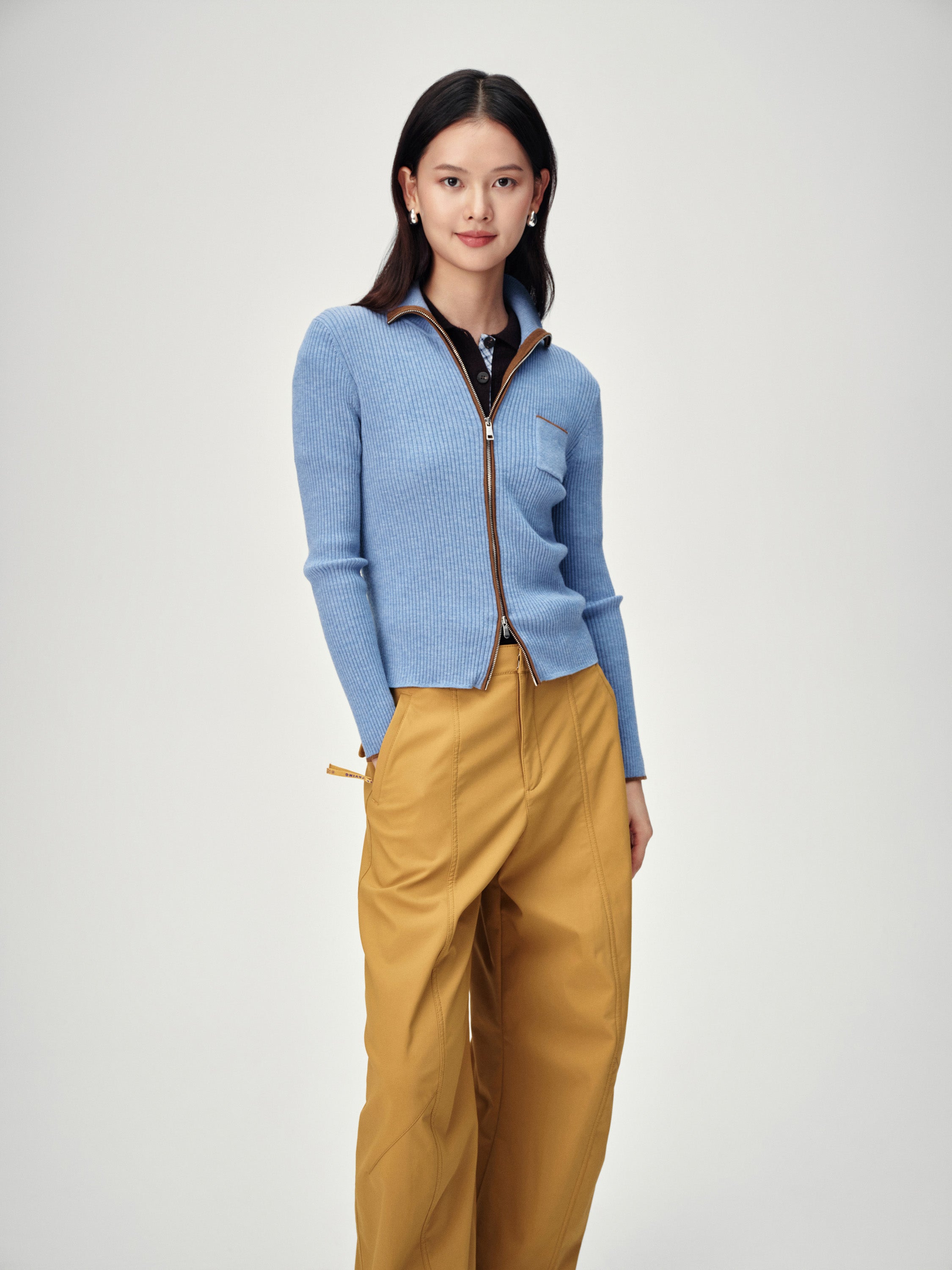 EP YAYING Colorblock Zip-Up Ribbed Stand Collar Cardigan